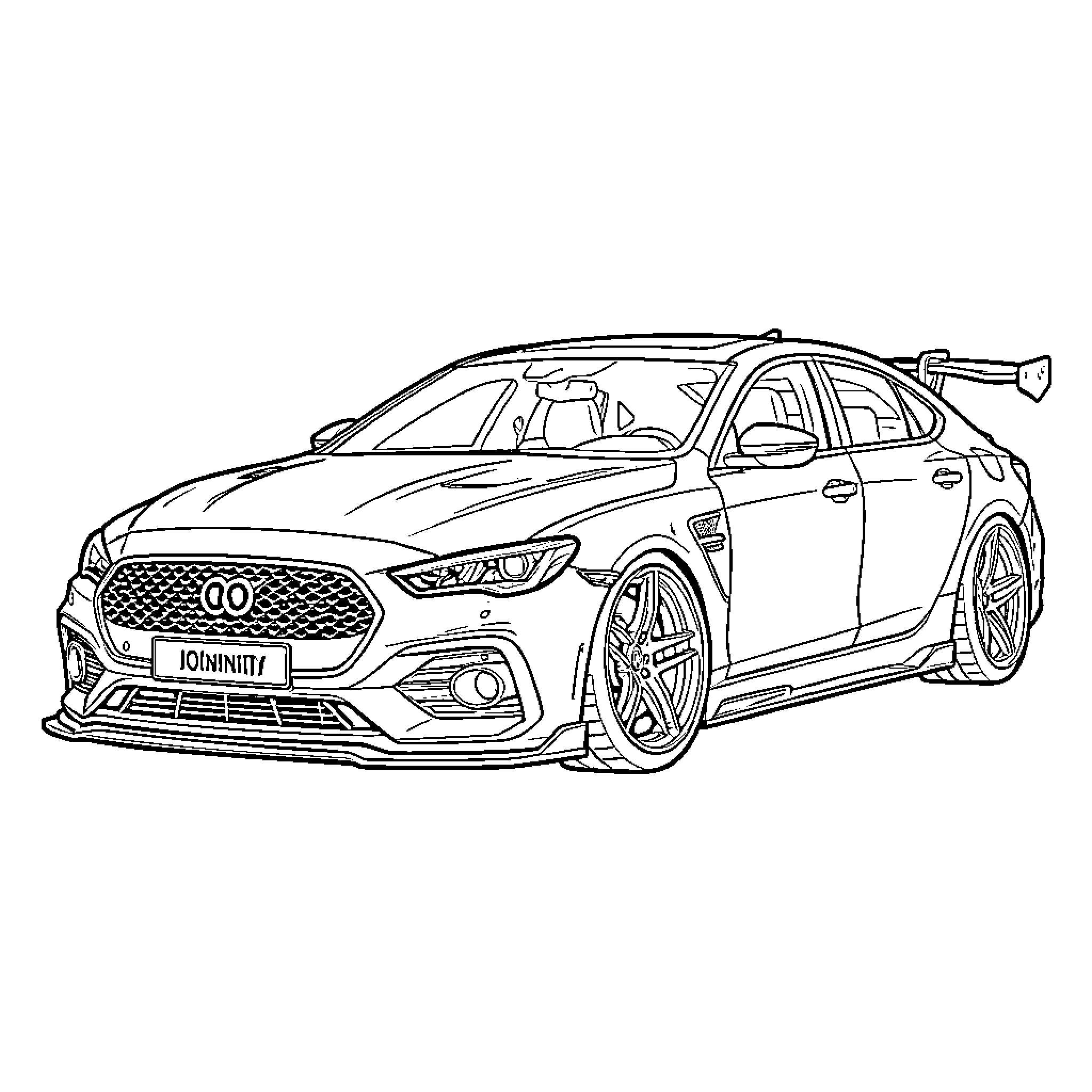 Infinity sleek sports car parked in a modern style Coloring Page (free black-and-white line drawing printable PDF for all, from beginners to advanced learners, including children, teens, adults, and seniors)