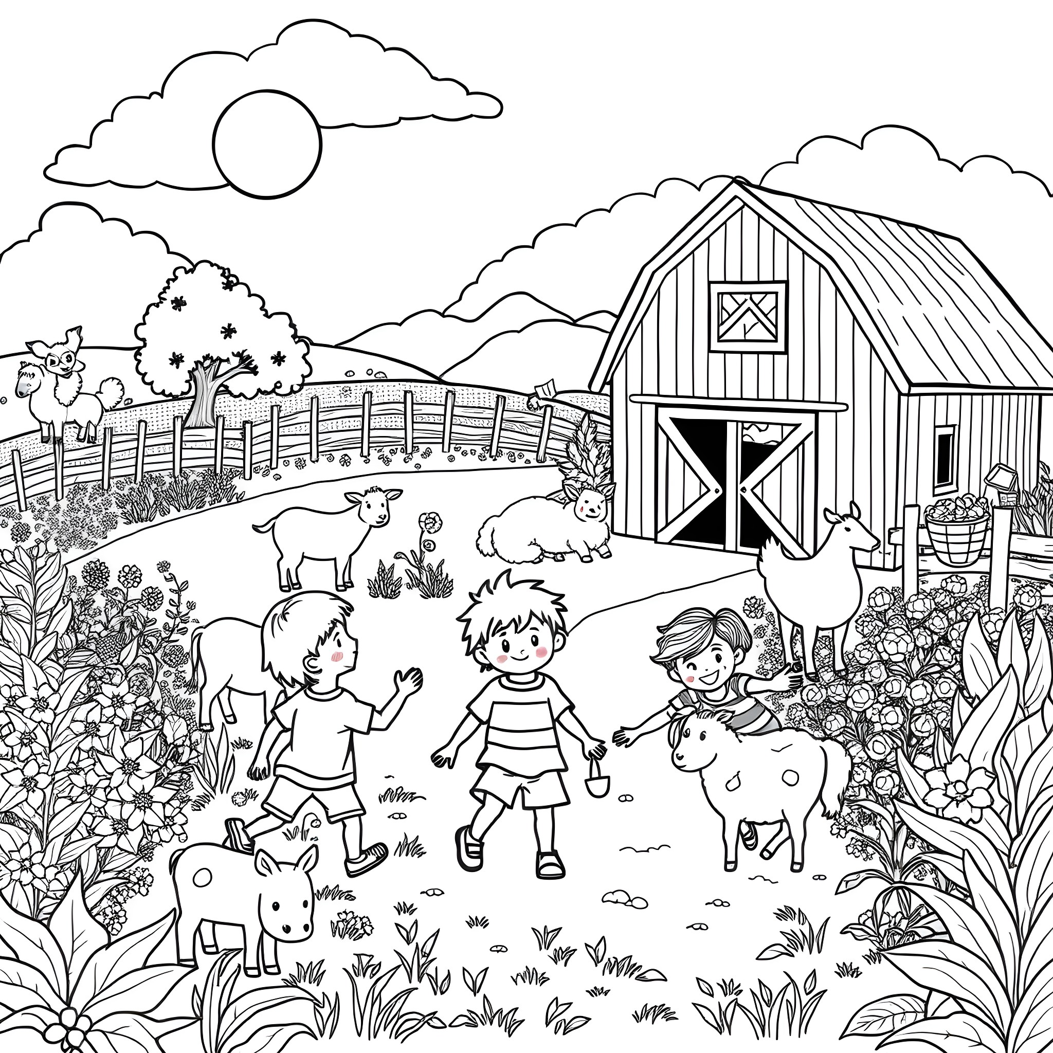 Children Exploring the Charming Farm Scene Coloring Page (free black-and-white line drawing printable PDF for all, from beginners to advanced learners, including children, teens, adults, and seniors)