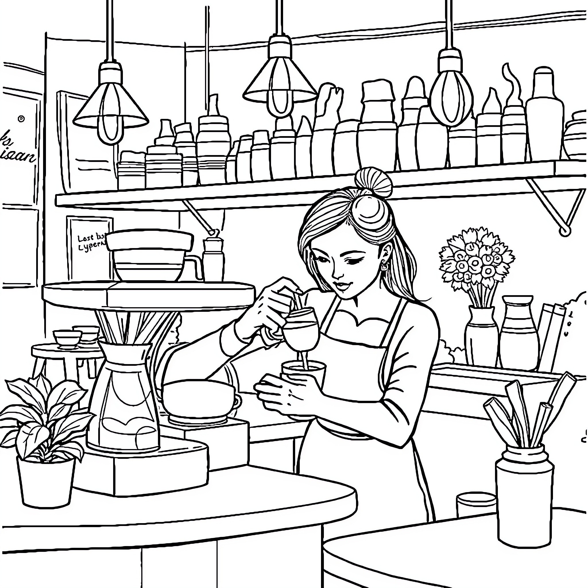 Barista Preparing Specialty Coffee Drink in Cozy Cafe Coloring Page (free black-and-white line drawing printable PDF for all, from beginners to advanced learners, including children, teens, adults, and seniors)