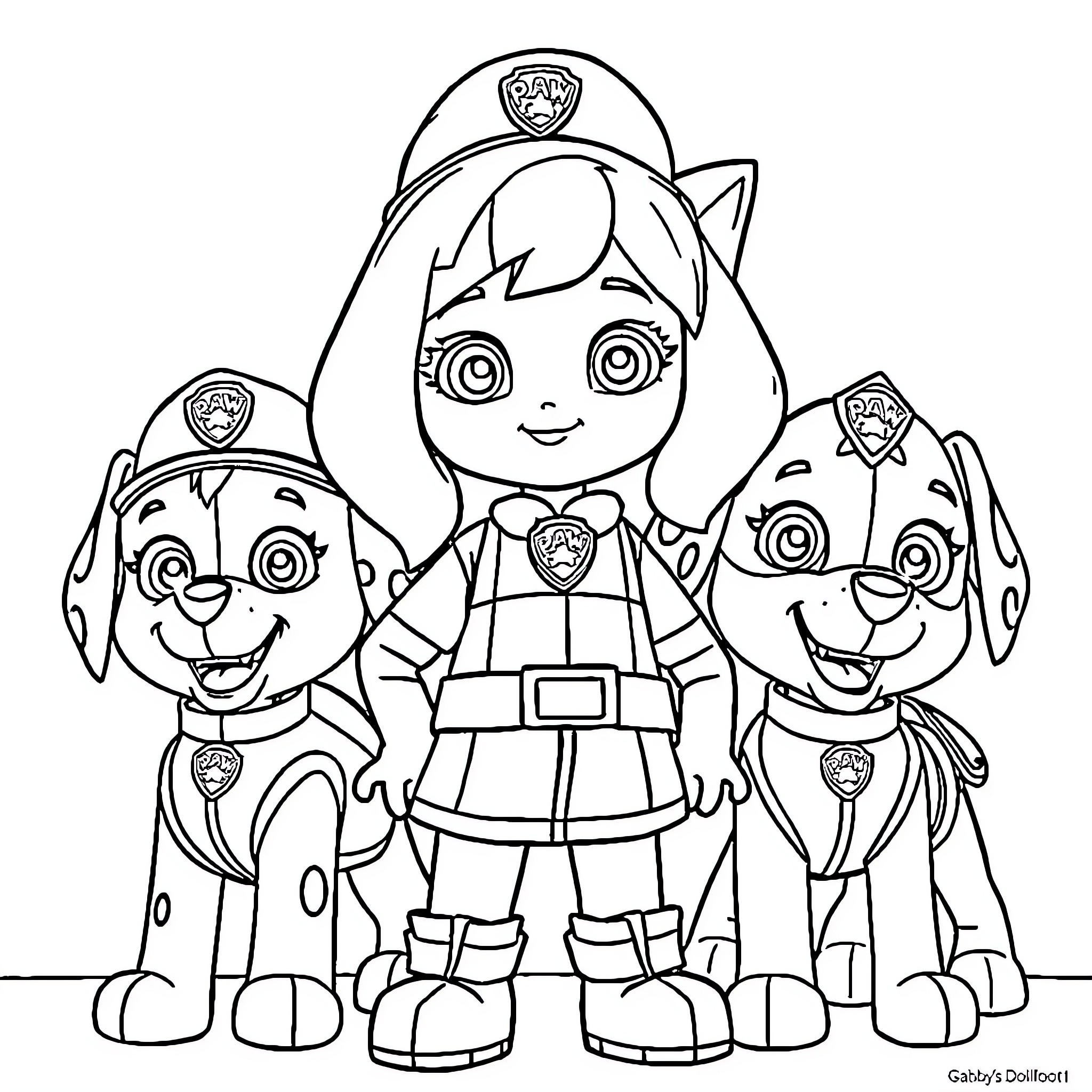 Gabby and her paw patrol pups in uniform Coloring Page (free black-and-white line drawing printable PDF for all, from beginners to advanced learners, including children, teens, adults, and seniors)