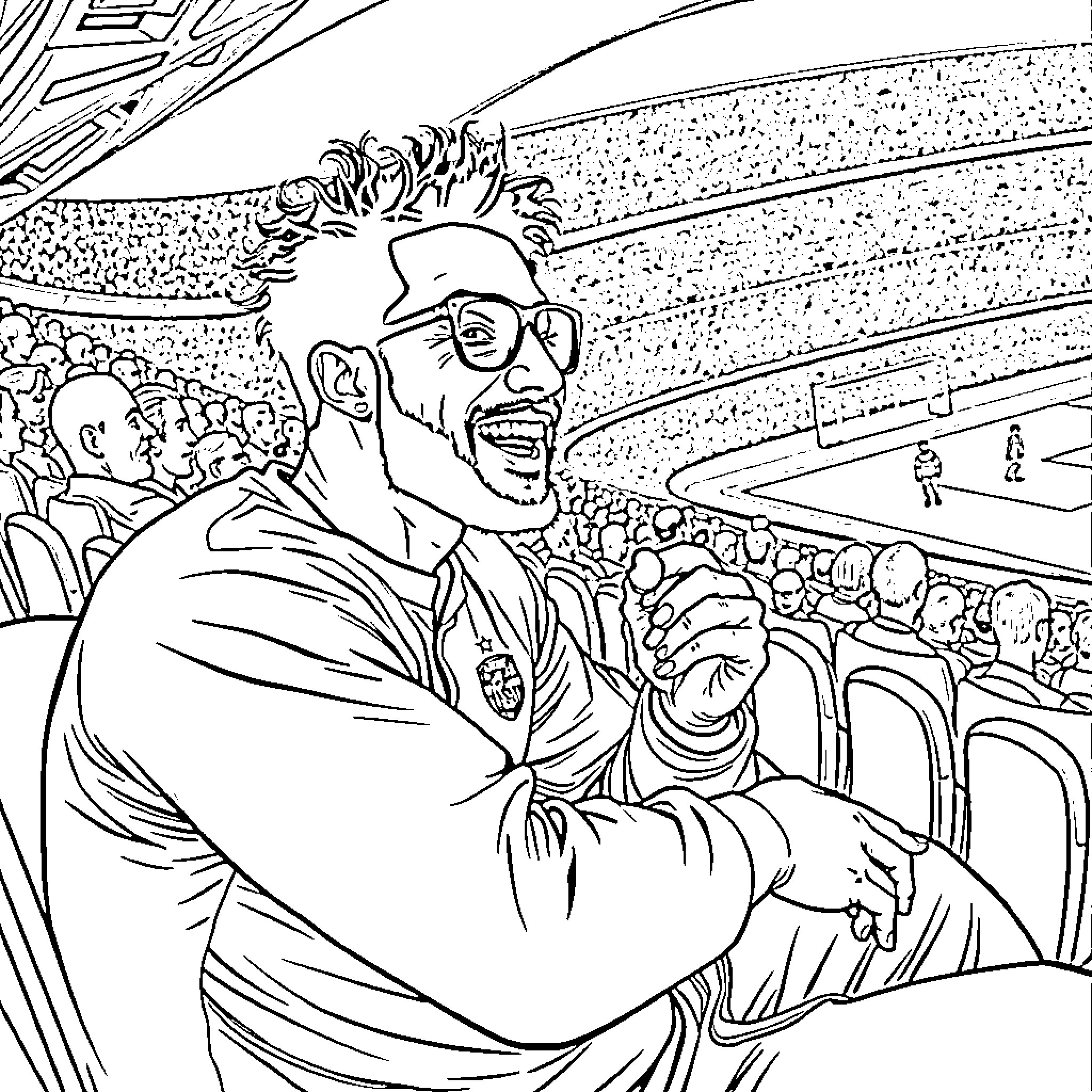 Lamine Yamal's Enthusiastic Cheering at a Sporting Event Coloring Page (free black-and-white line drawing printable PDF for all, from beginners to advanced learners, including children, teens, adults, and seniors)