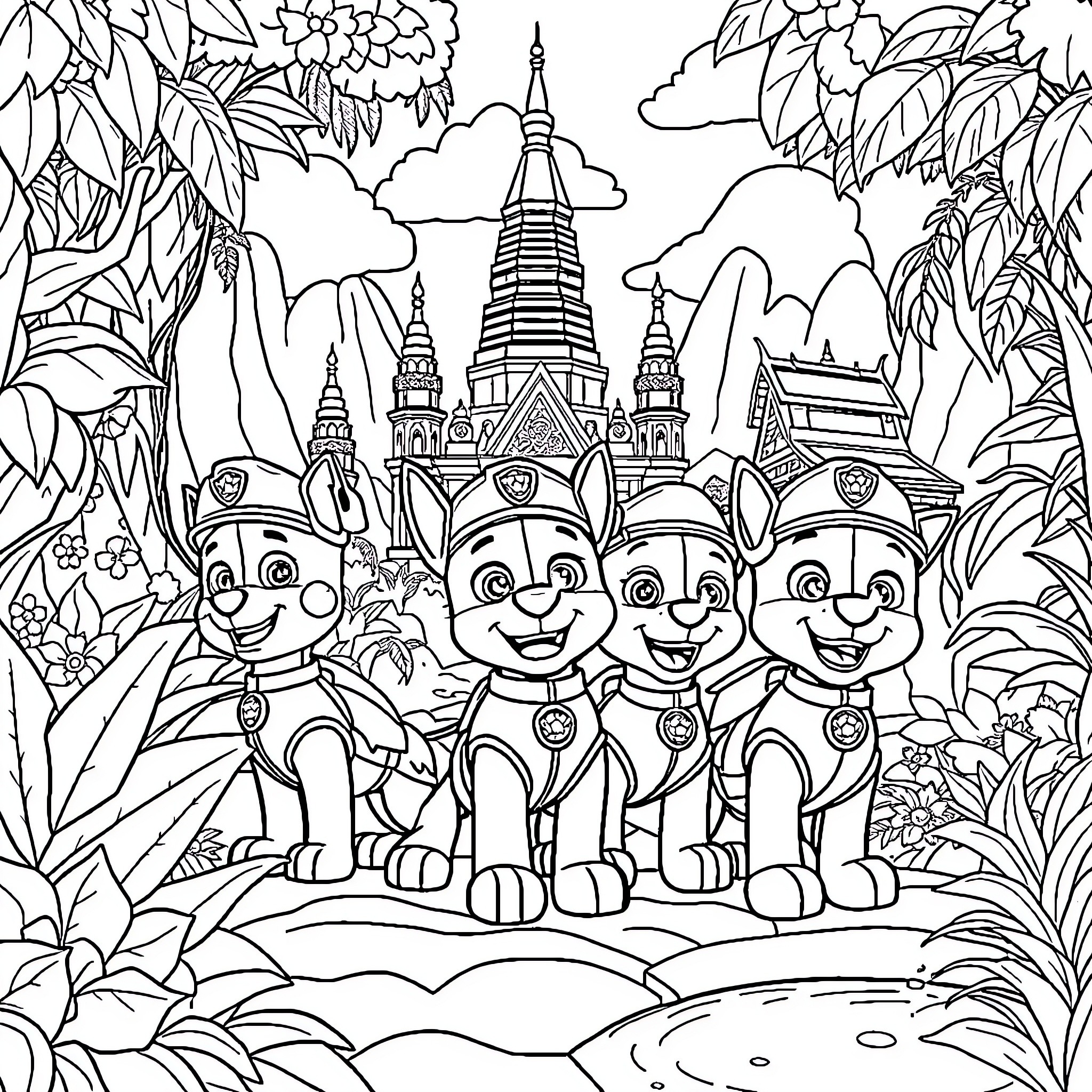 Paw Patrol Explore the Enchanting Jungle Coloring Page (free black-and-white line drawing printable PDF for all, from beginners to advanced learners, including children, teens, adults, and seniors)