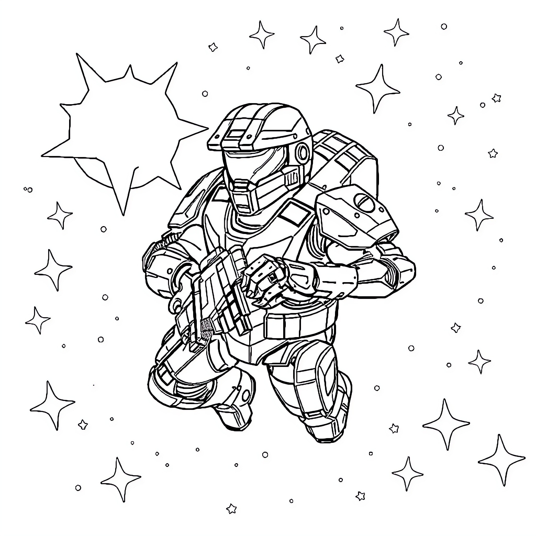Master Chief floating in space with stars Coloring Page (free black-and-white line drawing printable PDF for all, from beginners to advanced learners, including children, teens, adults, and seniors)
