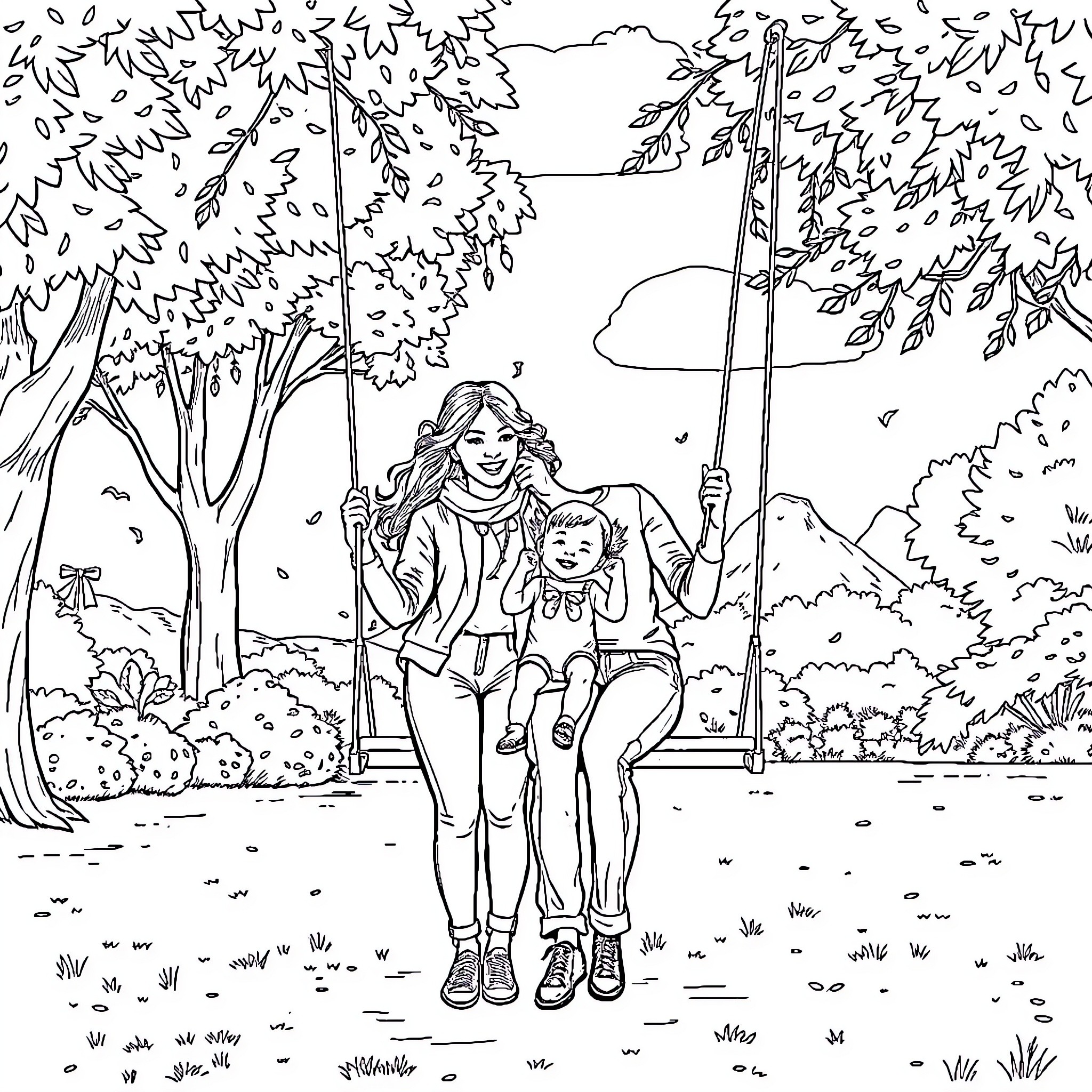 Couple enjoying a scenic outdoor swing Coloring Page (free black-and-white line drawing printable PDF for all, from beginners to advanced learners, including children, teens, adults, and seniors)