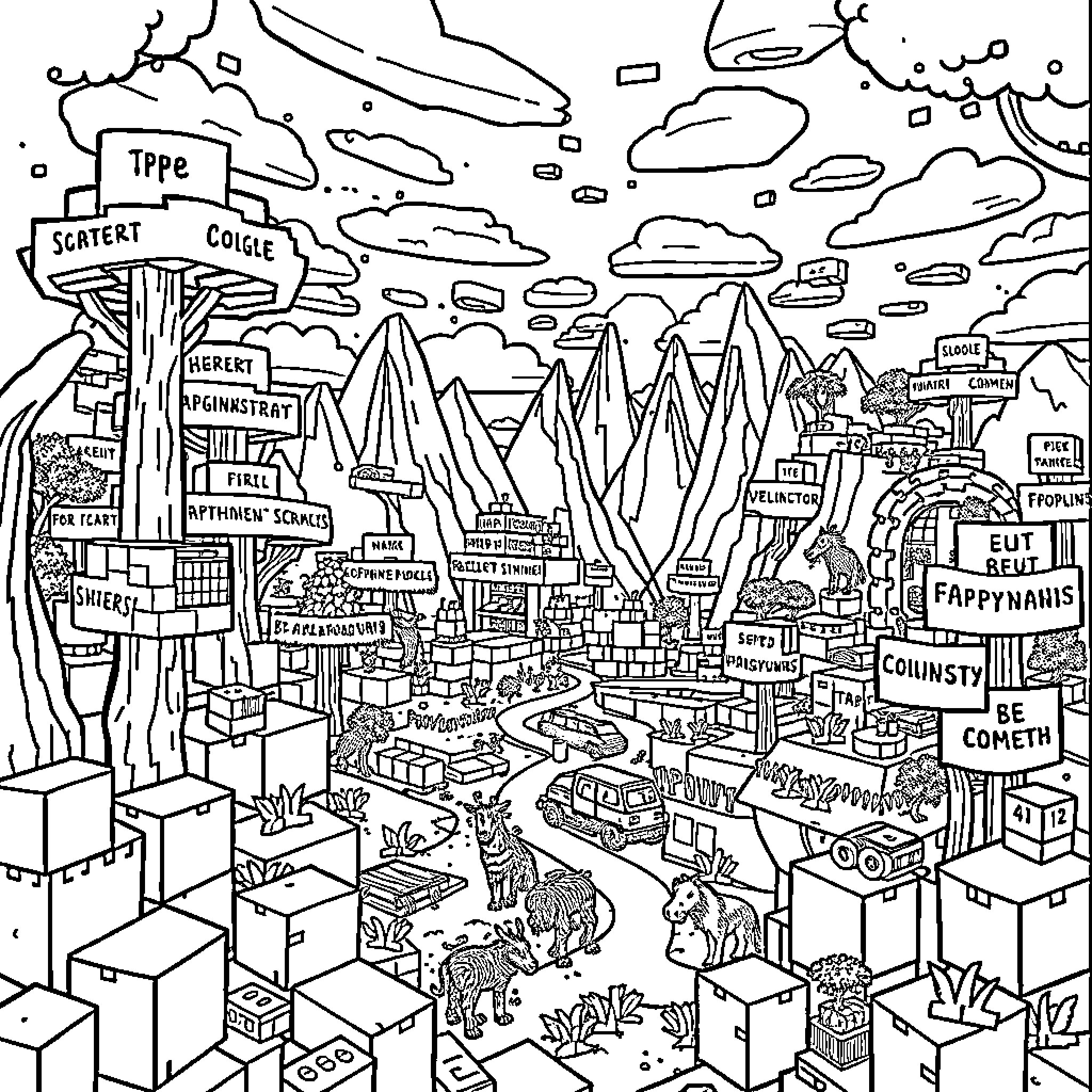 Minecraft Landscape with Diverse Structures and Creatures Coloring Page (free black-and-white line drawing printable PDF for all, from beginners to advanced learners, including children, teens, adults, and seniors)