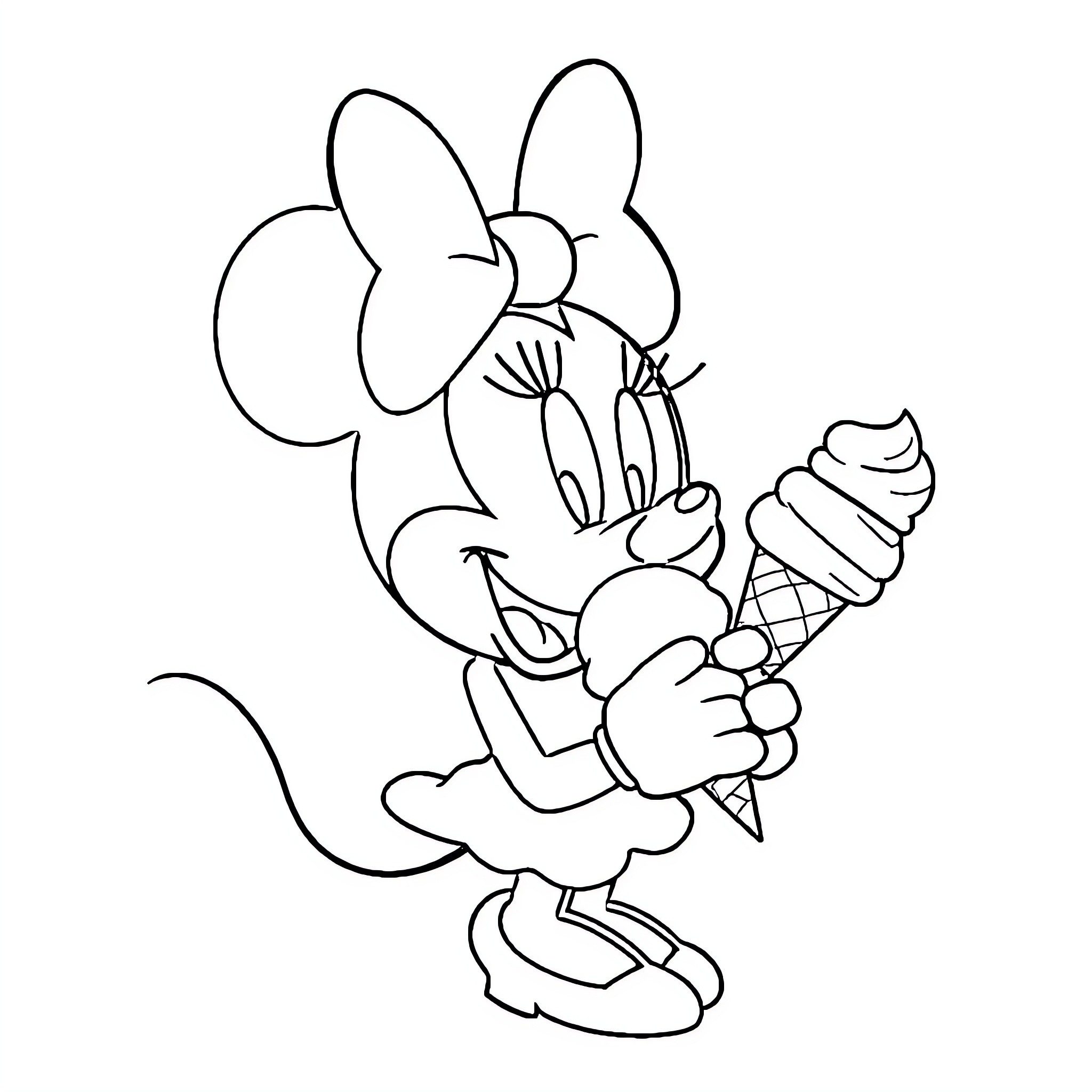 Minnie enjoying an ice cream treat Coloring Page (free black-and-white line drawing printable PDF for all, from beginners to advanced learners, including children, teens, adults, and seniors)