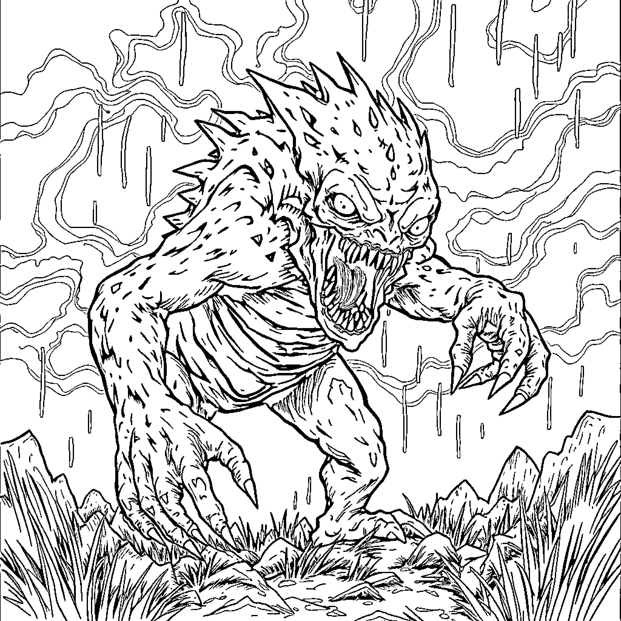 Monster Unleashing Terrifying Wrath in Dark Landscape Coloring Page (free black-and-white line drawing printable PDF for all, from beginners to advanced learners, including children, teens, adults, and seniors)