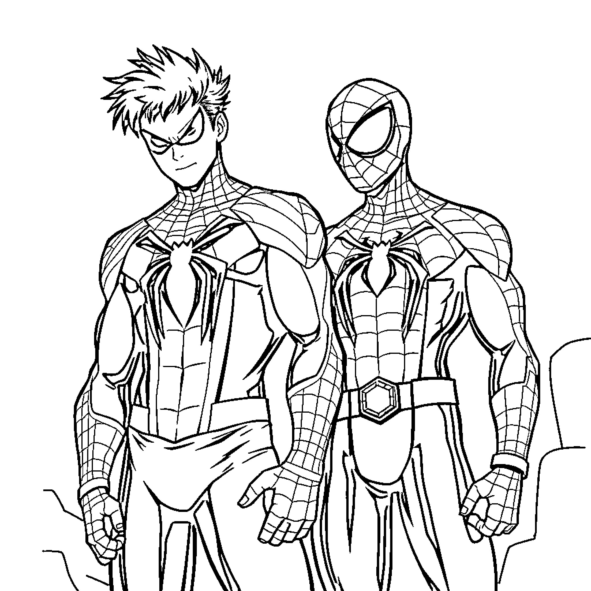 Spiderman and Spiderman duo in heroic poses Coloring Page (free black-and-white line drawing printable PDF for all, from beginners to advanced learners, including children, teens, adults, and seniors)