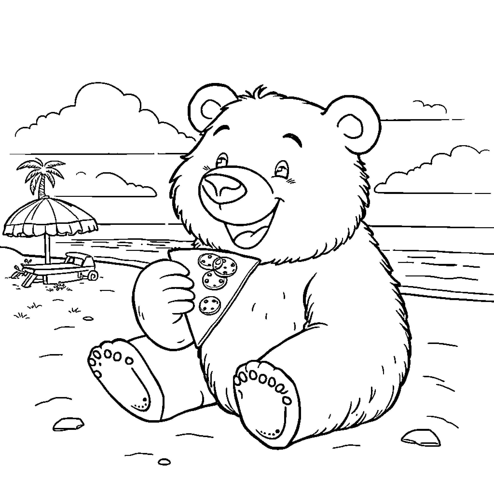 Bear enjoying a relaxing day at the beach Coloring Page (free black-and-white line drawing printable PDF for all, from beginners to advanced learners, including children, teens, adults, and seniors)