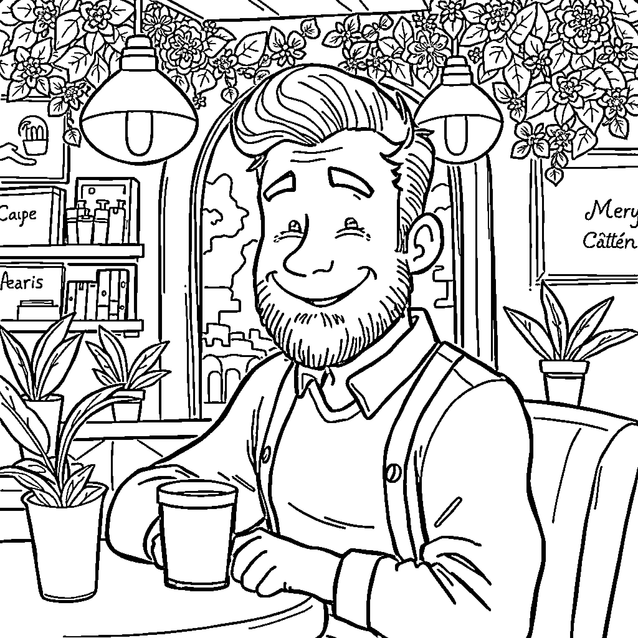 Meu Paul's Cozy Coffee Shop Coloring Page (free black-and-white line drawing printable PDF for all, from beginners to advanced learners, including children, teens, adults, and seniors)