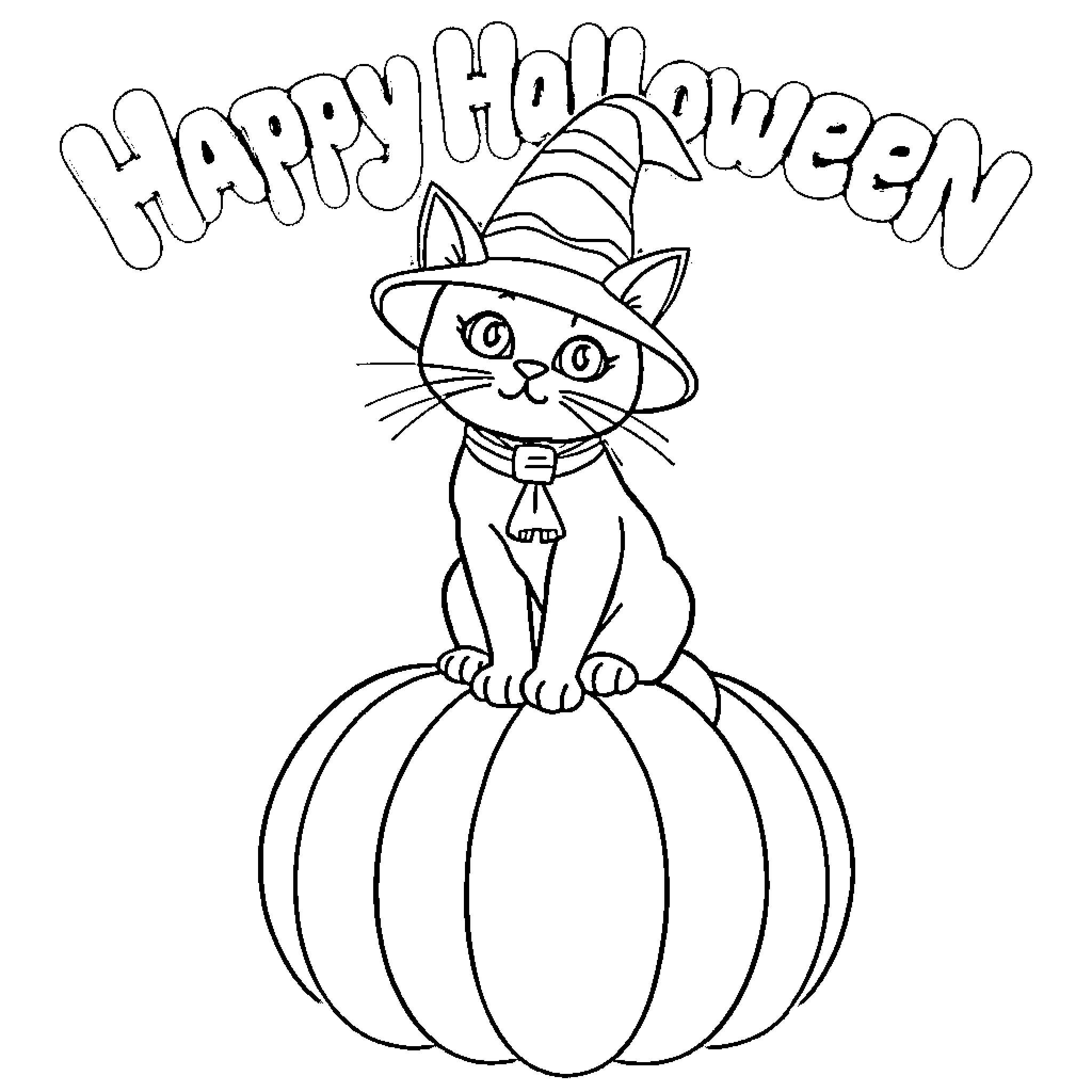 Cat in Halloween costume on pumpkin Coloring Page (free black-and-white line drawing printable PDF for all, from beginners to advanced learners, including children, teens, adults, and seniors)