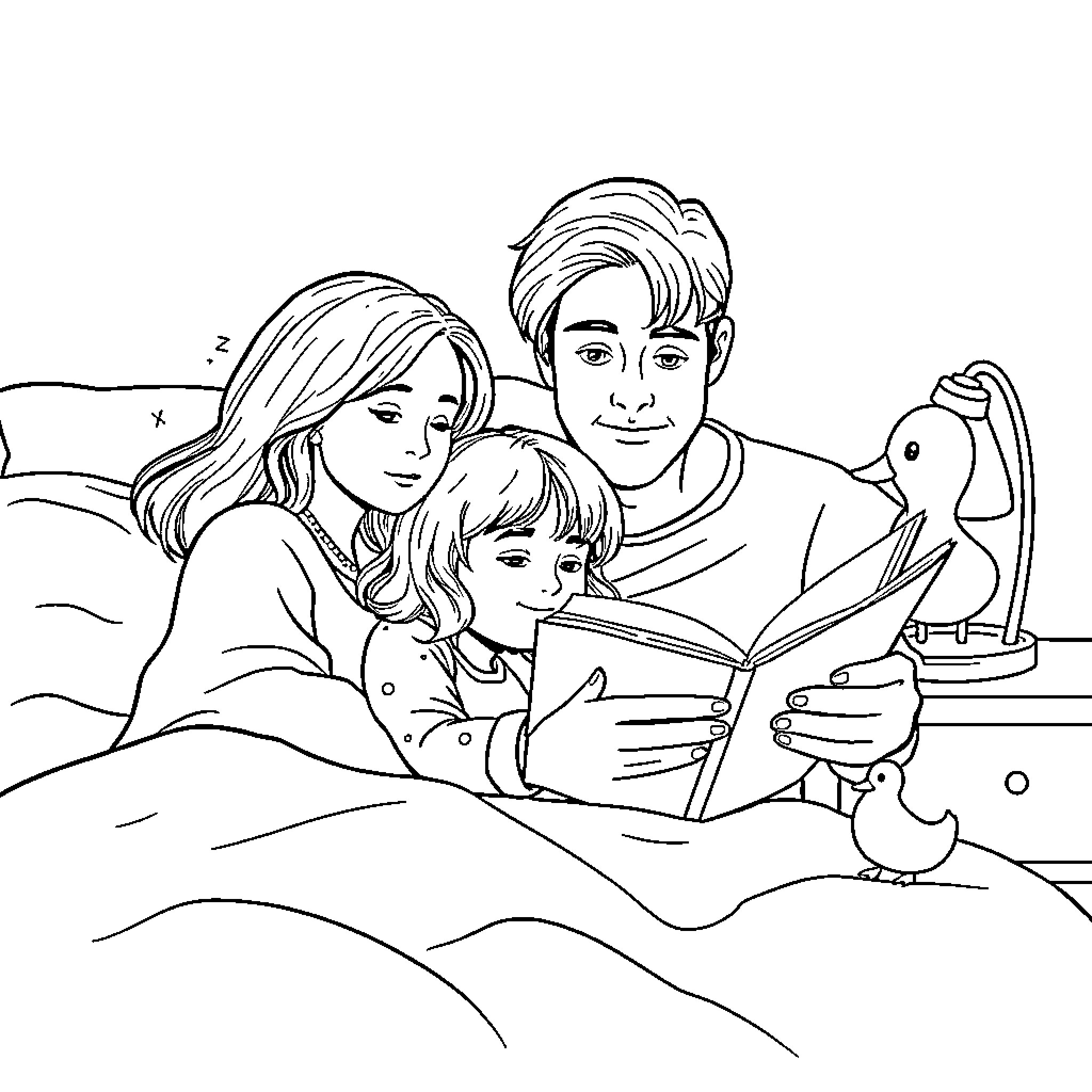 Family Reading Bedtime Story Together Coloring Page (free black-and-white line drawing printable PDF for all, from beginners to advanced learners, including children, teens, adults, and seniors)