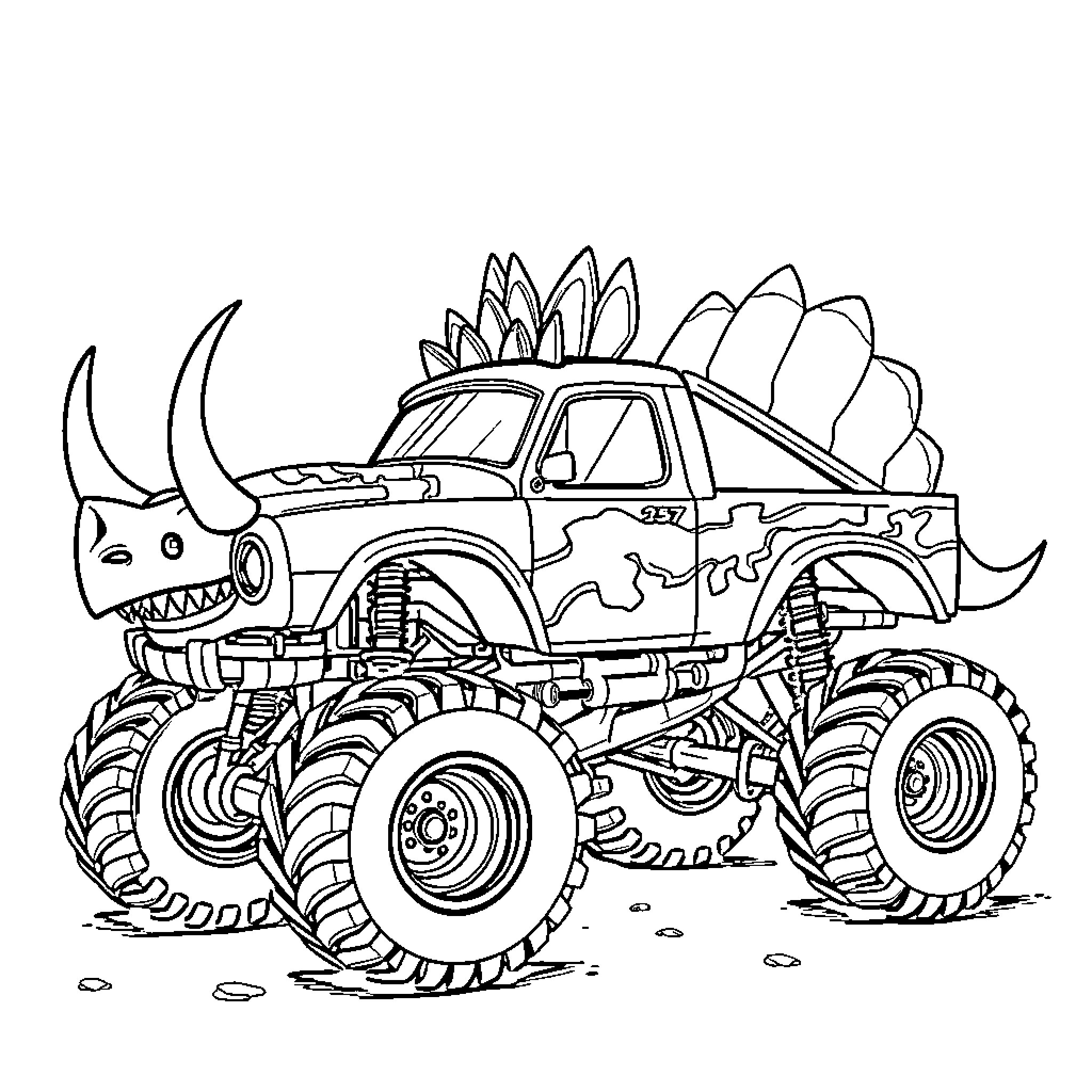 Triceratops Monster Truck on the Move Coloring Page (free black-and-white line drawing printable PDF for all, from beginners to advanced learners, including children, teens, adults, and seniors)