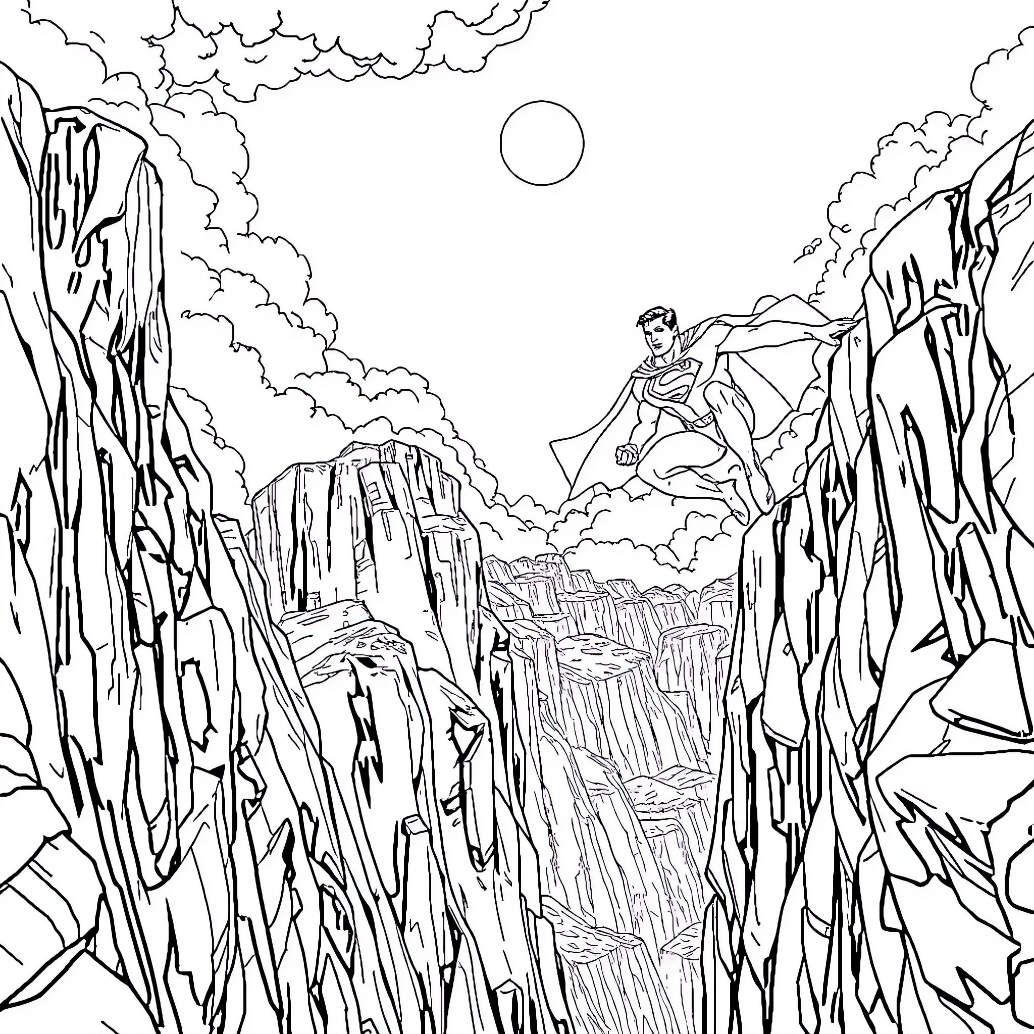 Superman soaring over rugged landscape Coloring Page (free black-and-white line drawing printable PDF for all, from beginners to advanced learners, including children, teens, adults, and seniors)