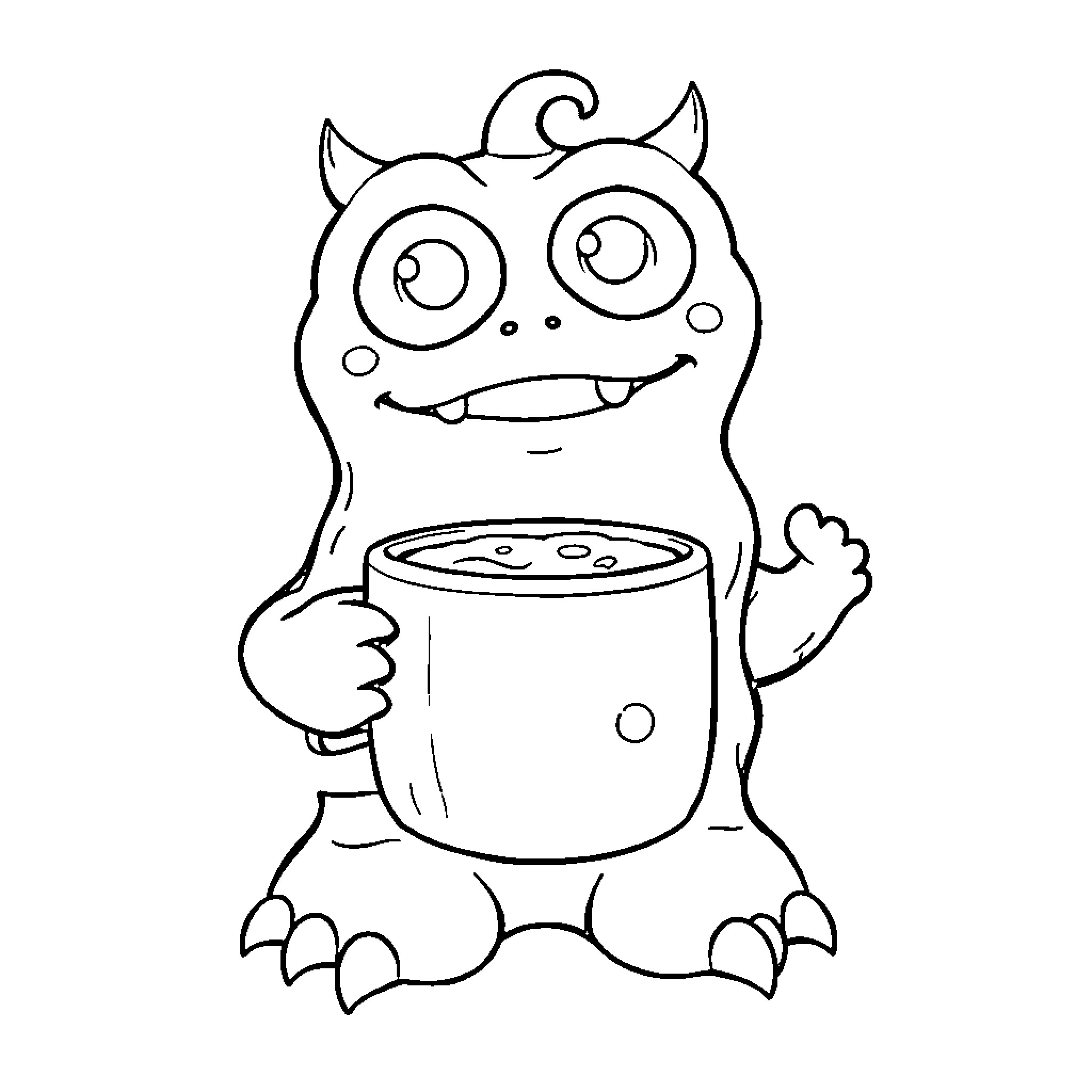 Monster enjoying a warm cup Coloring Page (free black-and-white line drawing printable PDF for all, from beginners to advanced learners, including children, teens, adults, and seniors)