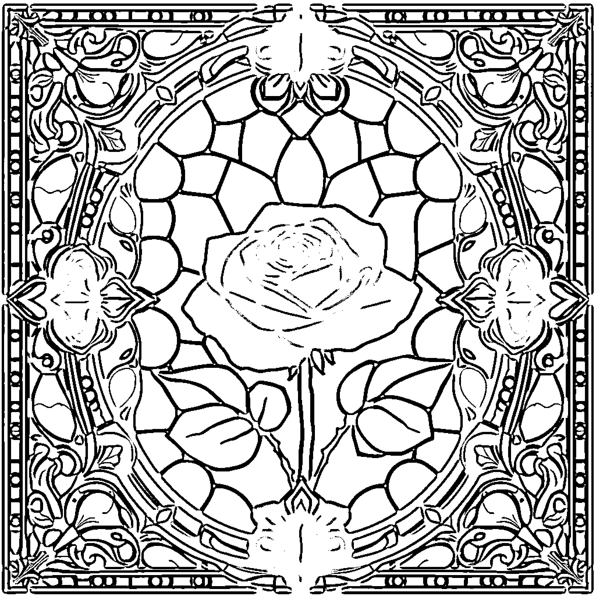 Rose in Ornate Floral Frame Coloring Page (free black-and-white line drawing printable PDF for all, from beginners to advanced learners, including children, teens, adults, and seniors)