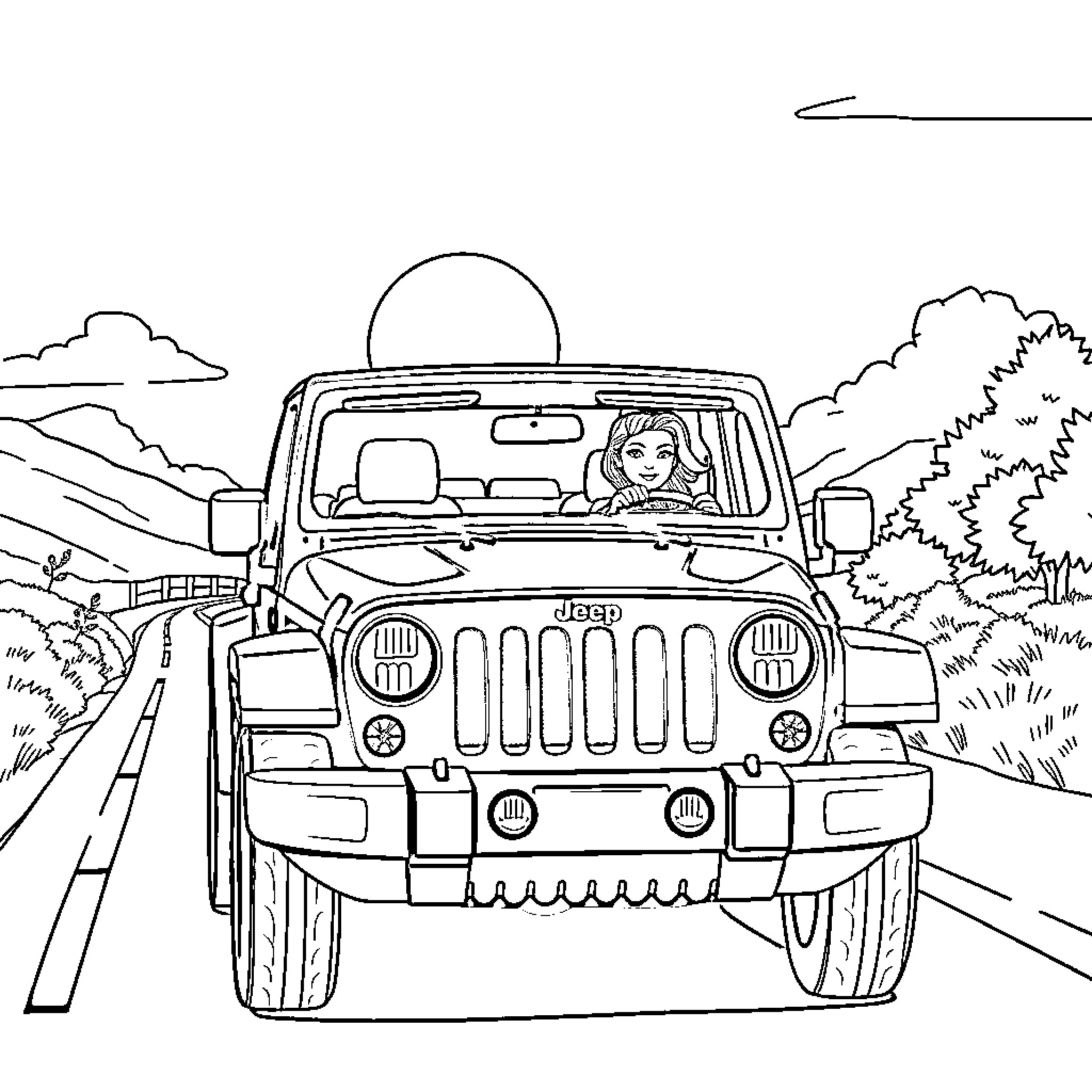 Woman driving jeep on a scenic road Coloring Page (free black-and-white line drawing printable PDF for all, from beginners to advanced learners, including children, teens, adults, and seniors)