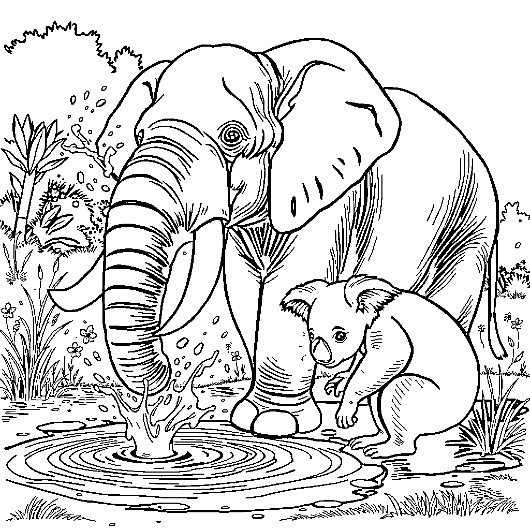 Elephant and baby elephant playing in nature Coloring Page (free black-and-white line drawing printable PDF for all, from beginners to advanced learners, including children, teens, adults, and seniors)