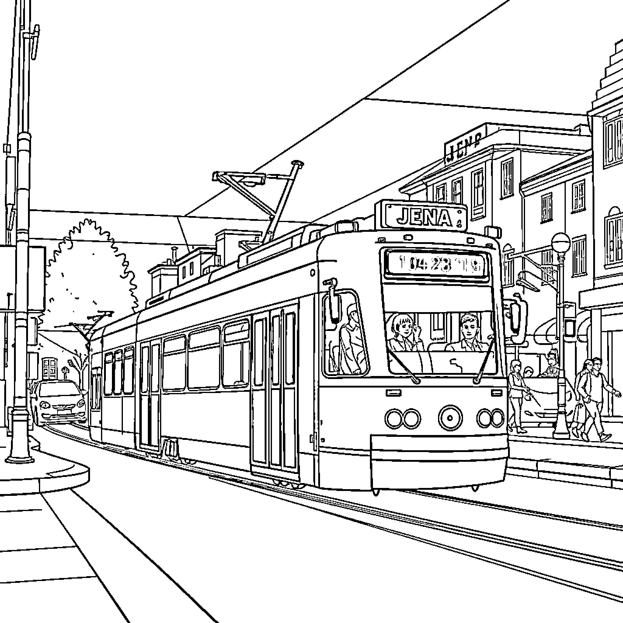 Tram traveling through a busy city street Coloring Page (free black-and-white line drawing printable PDF for all, from beginners to advanced learners, including children, teens, adults, and seniors)