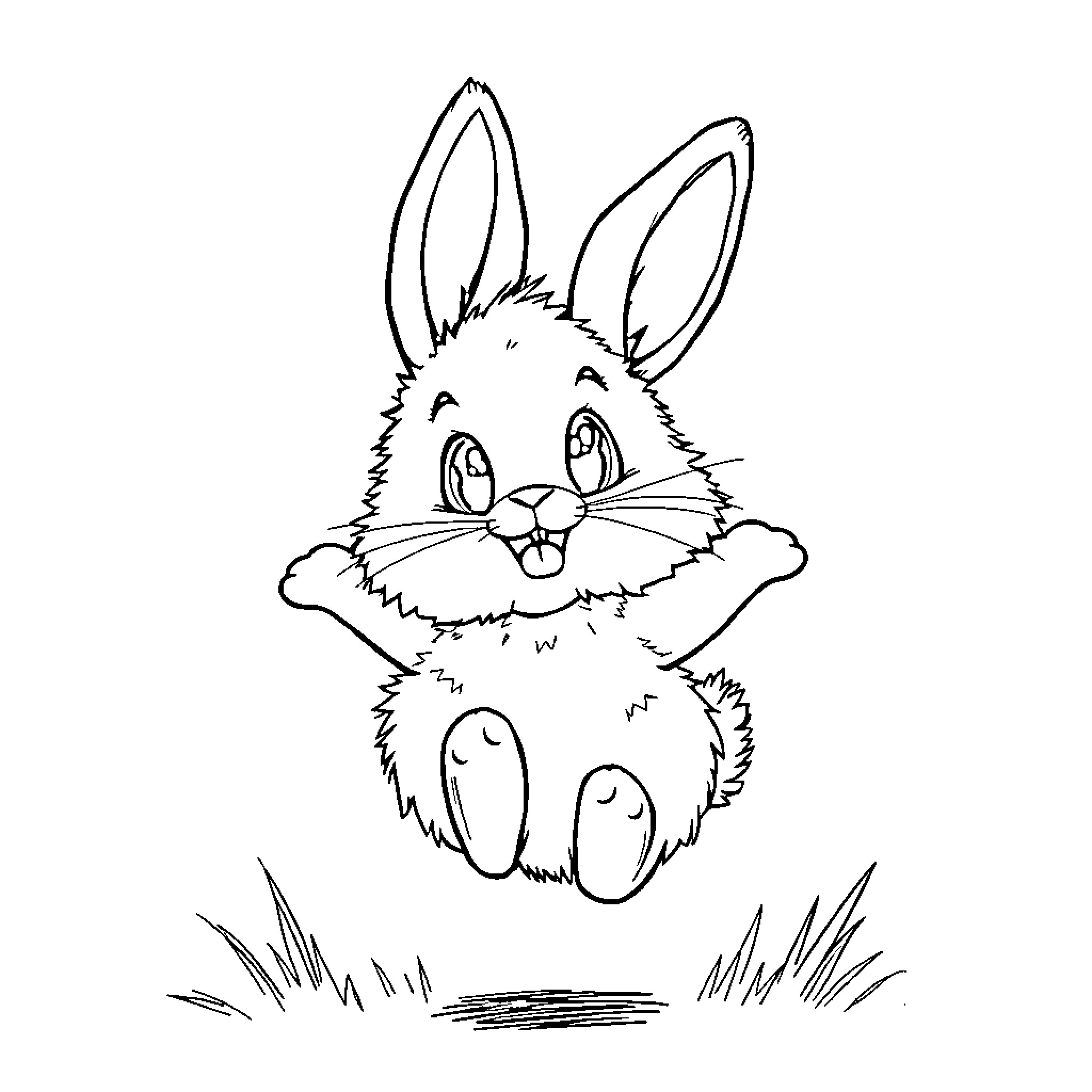 Rabbit jumping happily in the grass Coloring Page (free black-and-white line drawing printable PDF for all, from beginners to advanced learners, including children, teens, adults, and seniors)