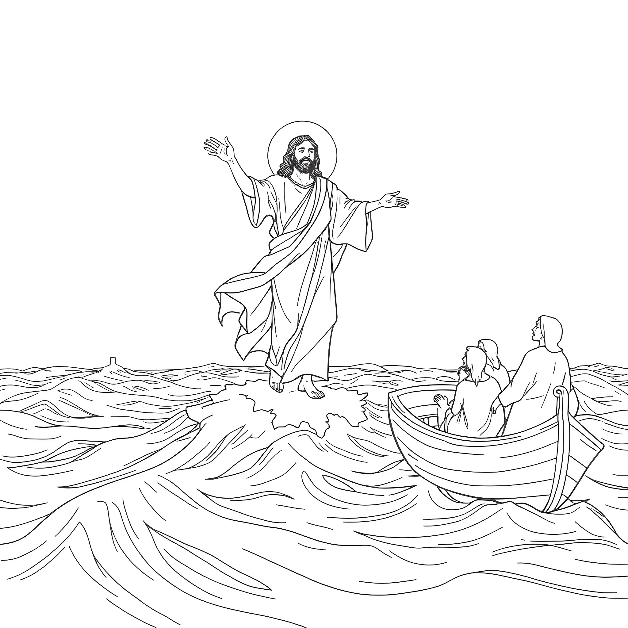 Christ Walking on Water and Calming the Storm Coloring Page (free black-and-white line drawing printable PDF for all, from beginners to advanced learners, including children, teens, adults, and seniors)