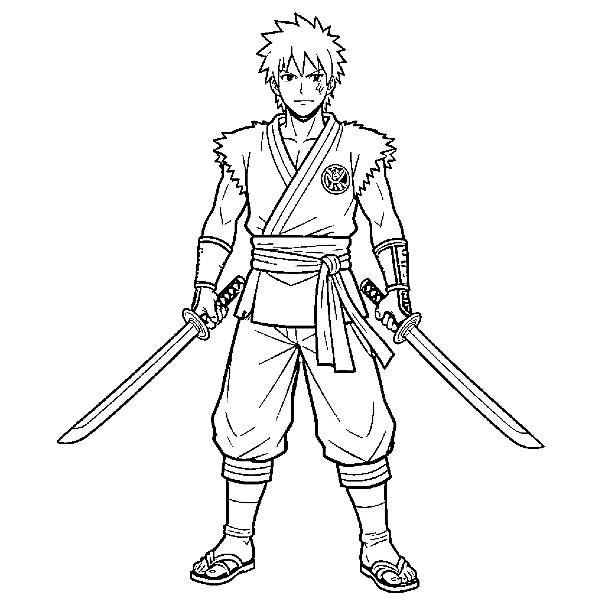 Zoro in Samurai Warrior Attire with Swords Coloring Page (free black-and-white line drawing printable PDF for all, from beginners to advanced learners, including children, teens, adults, and seniors)