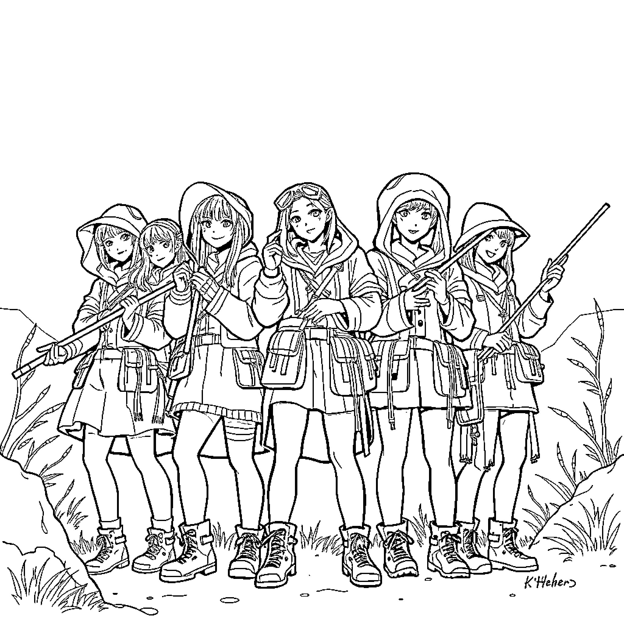 K-pop Hunter Group Adventure in Nature Coloring Page (free black-and-white line drawing printable PDF for all, from beginners to advanced learners, including children, teens, adults, and seniors)