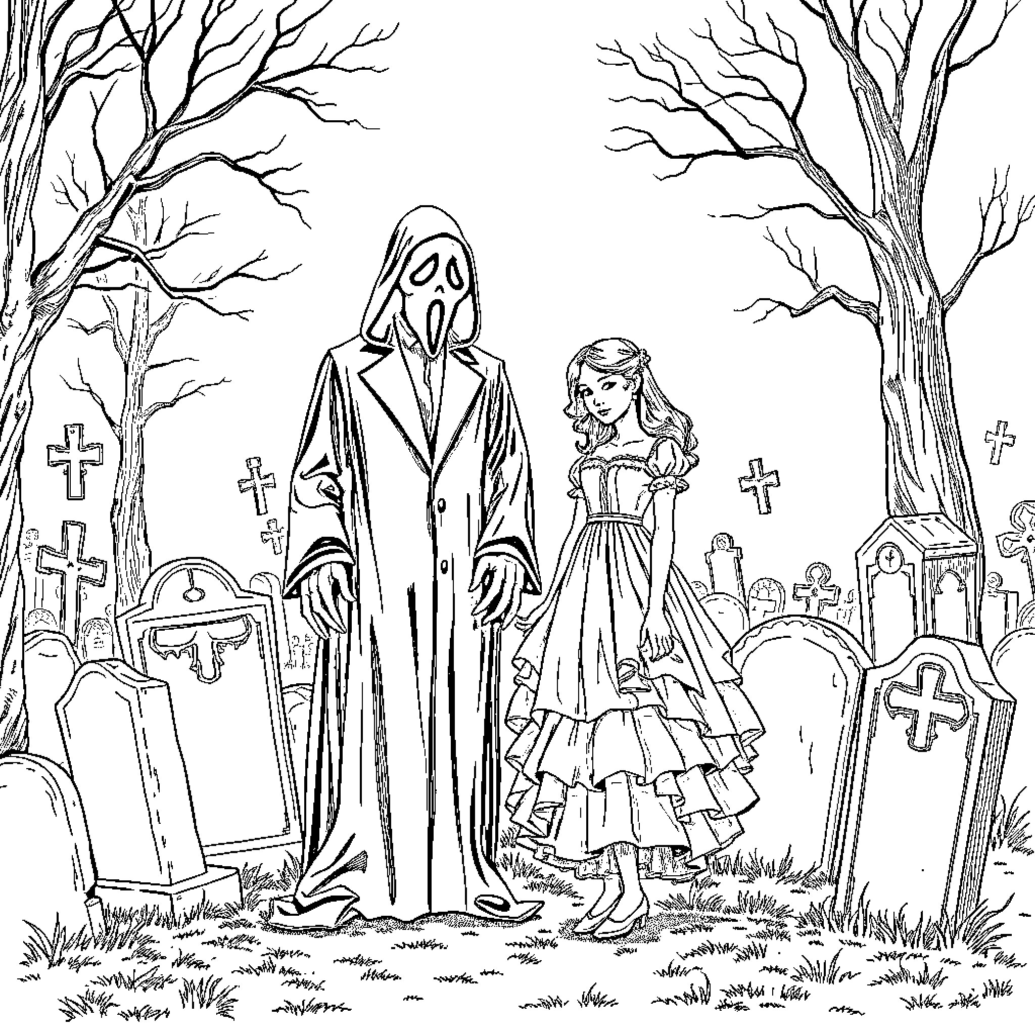 Ghostface and Young Woman Amid Graveyard Scenery Coloring Page (free black-and-white line drawing printable PDF for all, from beginners to advanced learners, including children, teens, adults, and seniors)