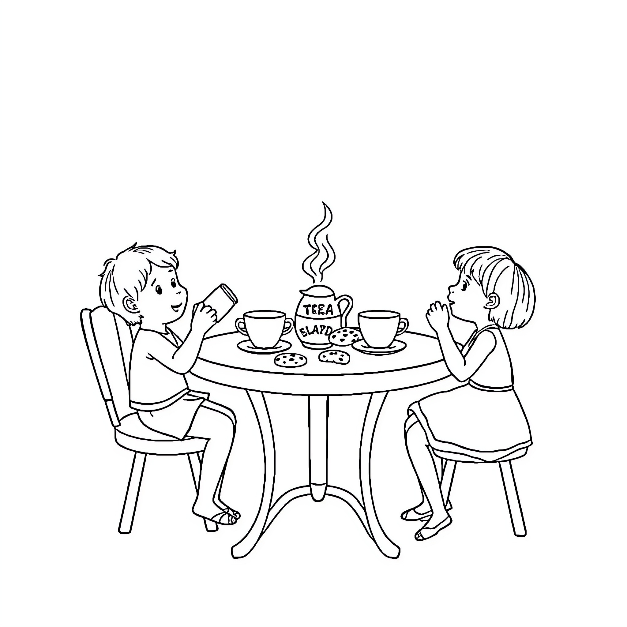 Tea Party with Children at the Table Coloring Page (free black-and-white line drawing printable PDF for all, from beginners to advanced learners, including children, teens, adults, and seniors)
