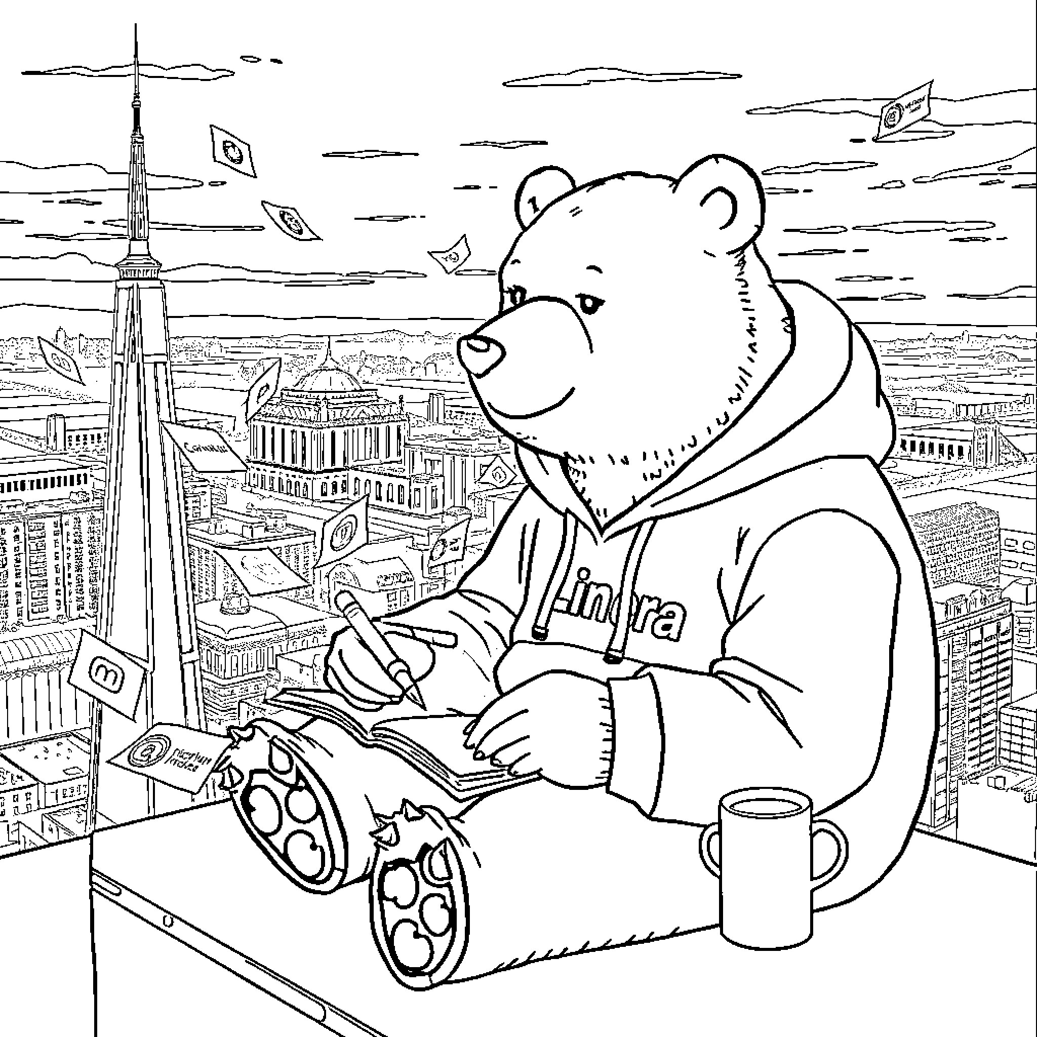 Bear observing the city from a high-rise office Coloring Page (free black-and-white line drawing printable PDF for all, from beginners to advanced learners, including children, teens, adults, and seniors)