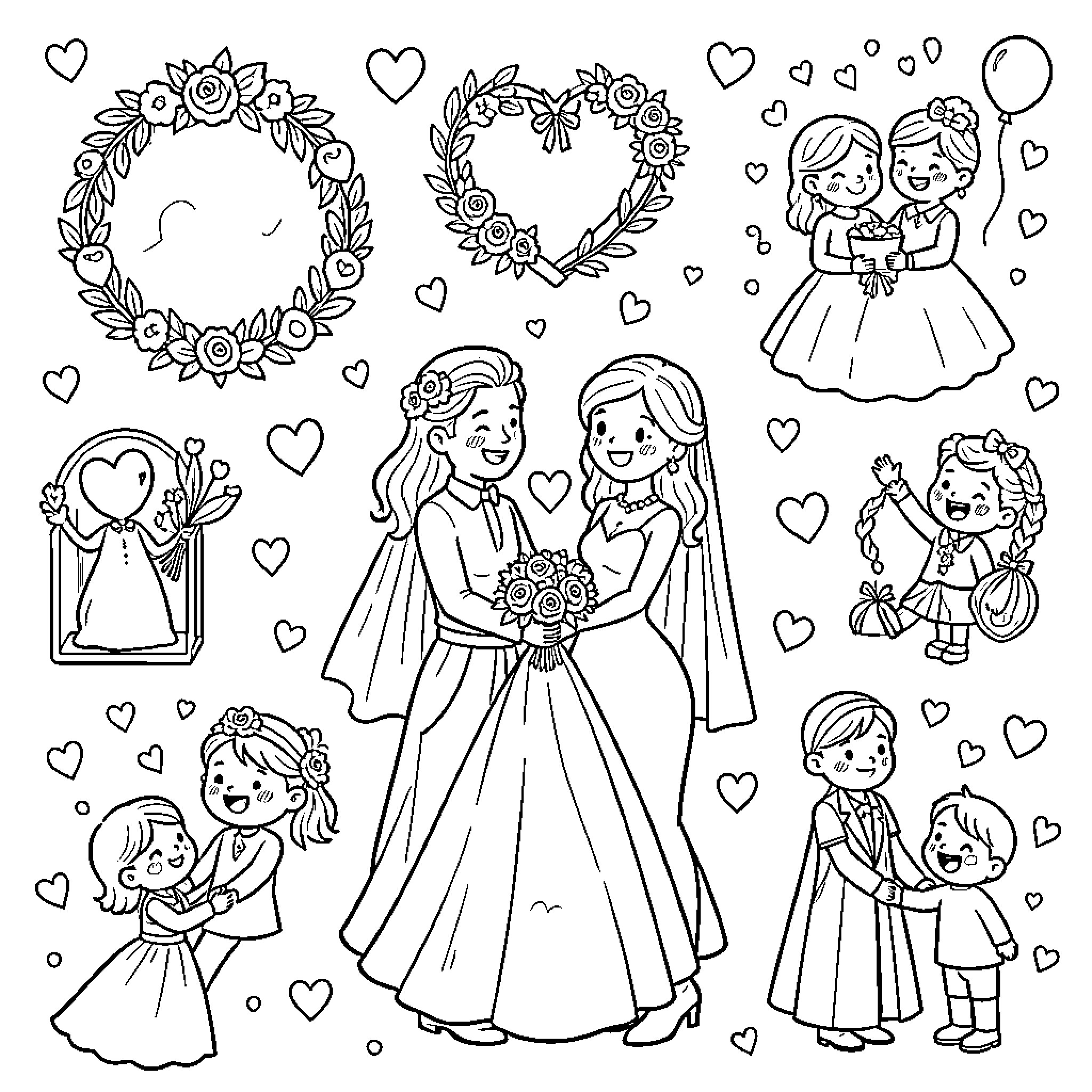 Wedding Icons showing happy couples and floral wreaths Coloring Page (free black-and-white line drawing printable PDF for all, from beginners to advanced learners, including children, teens, adults, and seniors)