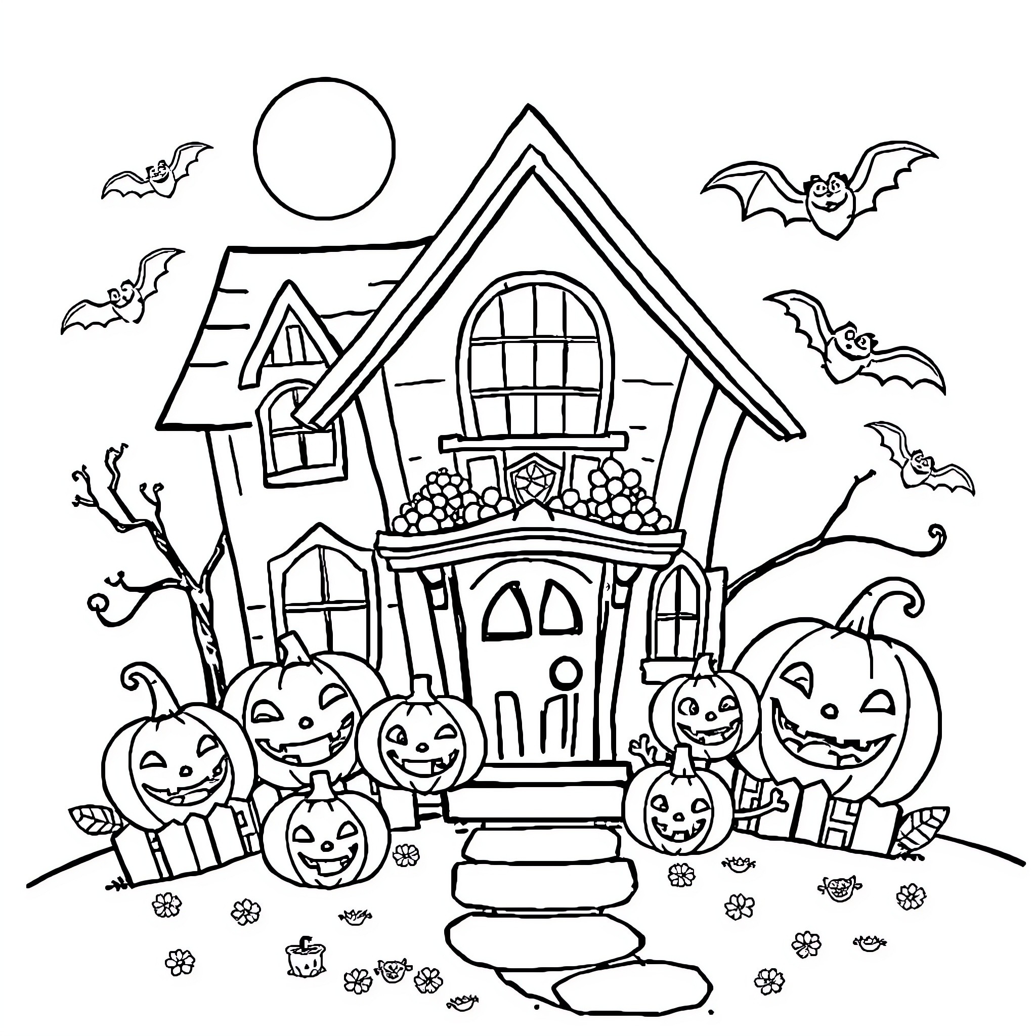 Haunted House with Pumpkins and Bats Coloring Page (free black-and-white line drawing printable PDF for all, from beginners to advanced learners, including children, teens, adults, and seniors)