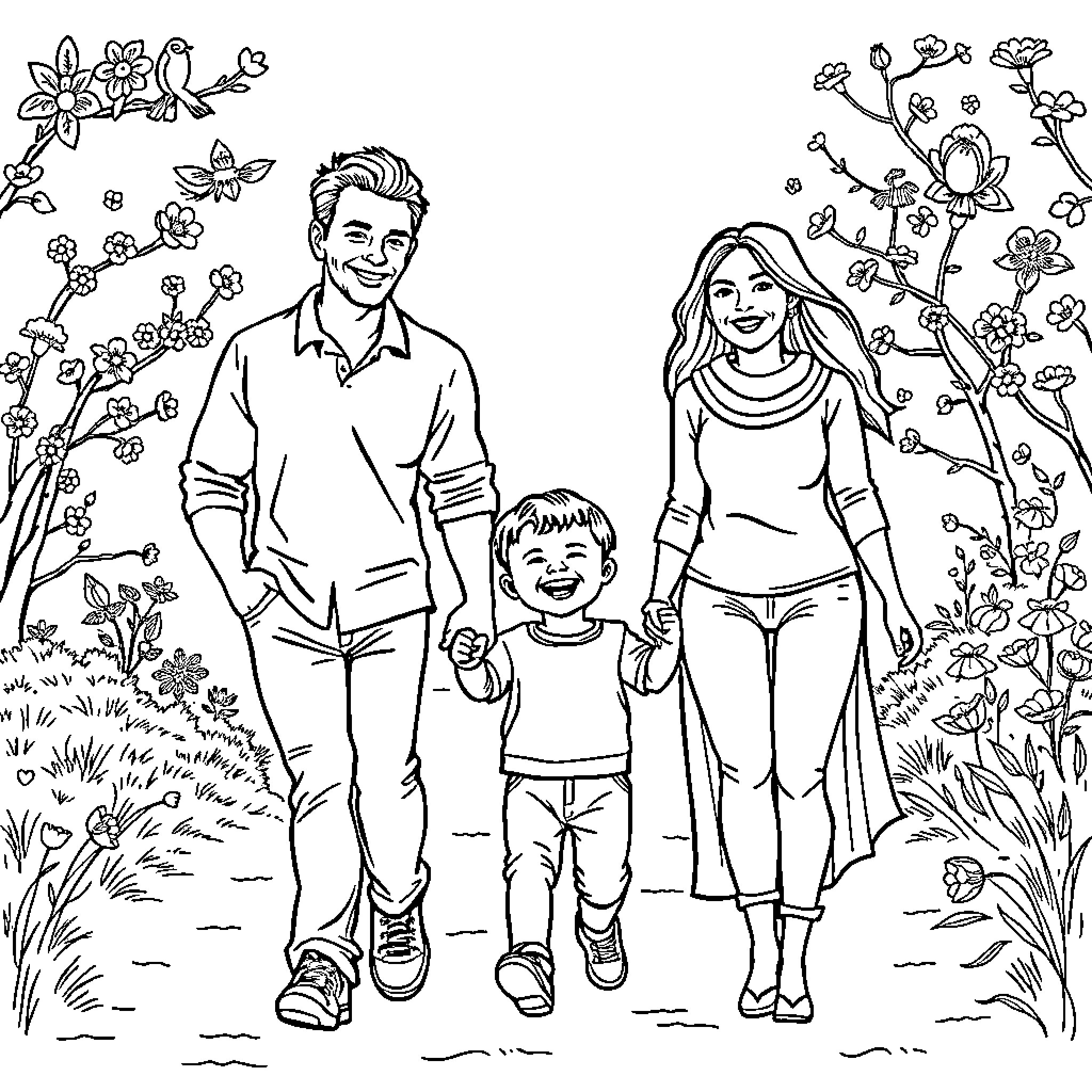 Family enjoying a nature walk together Coloring Page (free black-and-white line drawing printable PDF for all, from beginners to advanced learners, including children, teens, adults, and seniors)