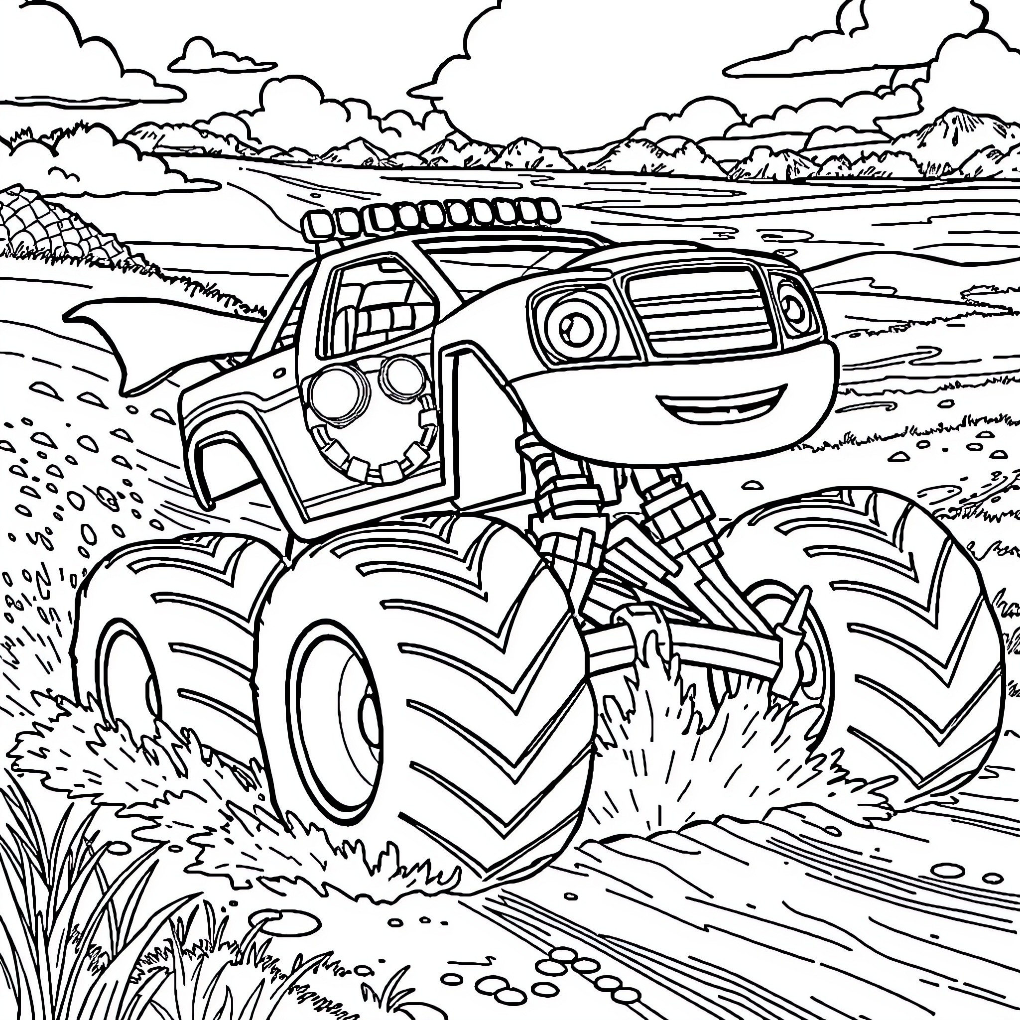 Blaze Racing Through Scenic Terrain Coloring Page (free black-and-white line drawing printable PDF for all, from beginners to advanced learners, including children, teens, adults, and seniors)