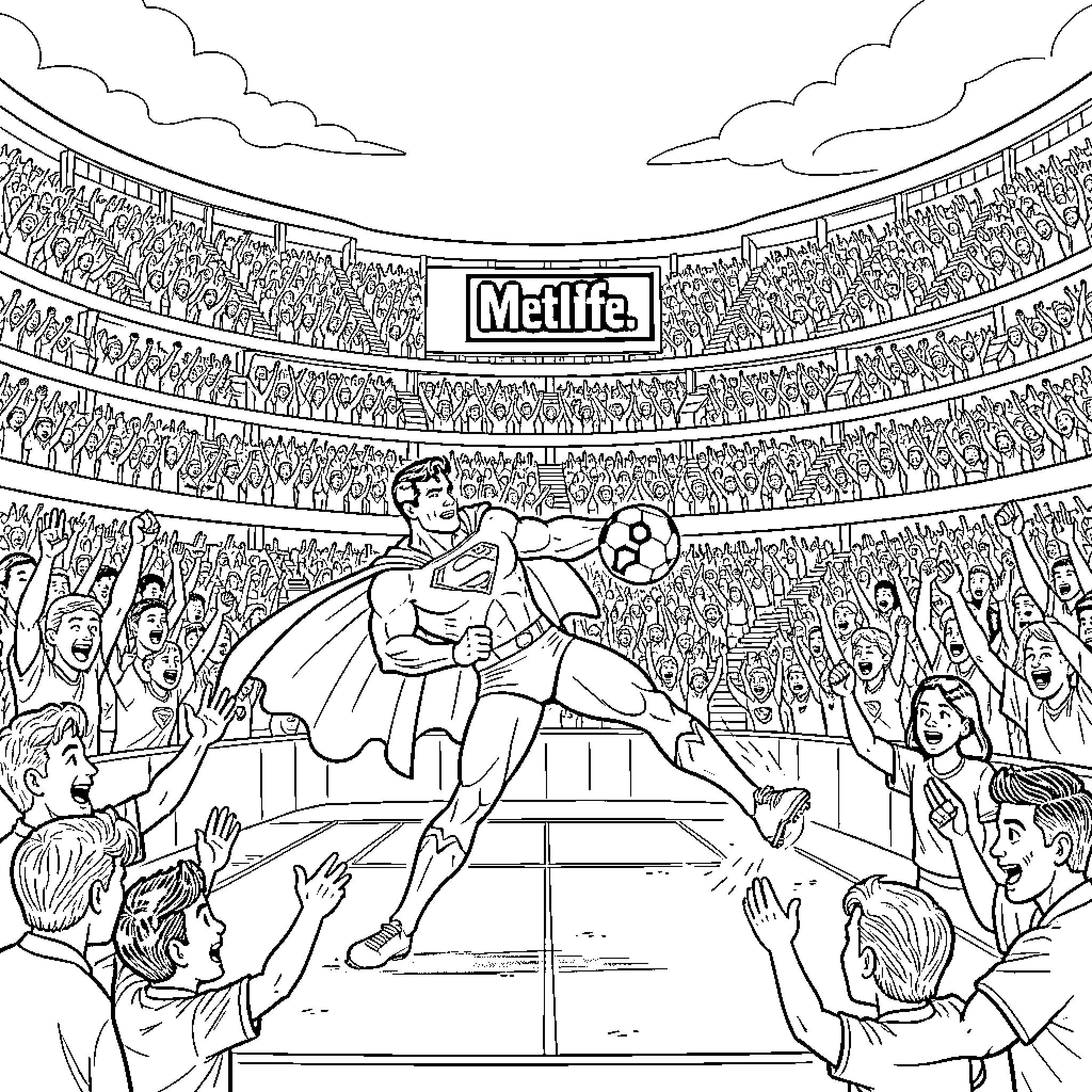 Superman kicking a ball in a crowded stadium Coloring Page (free black-and-white line drawing printable PDF for all, from beginners to advanced learners, including children, teens, adults, and seniors)