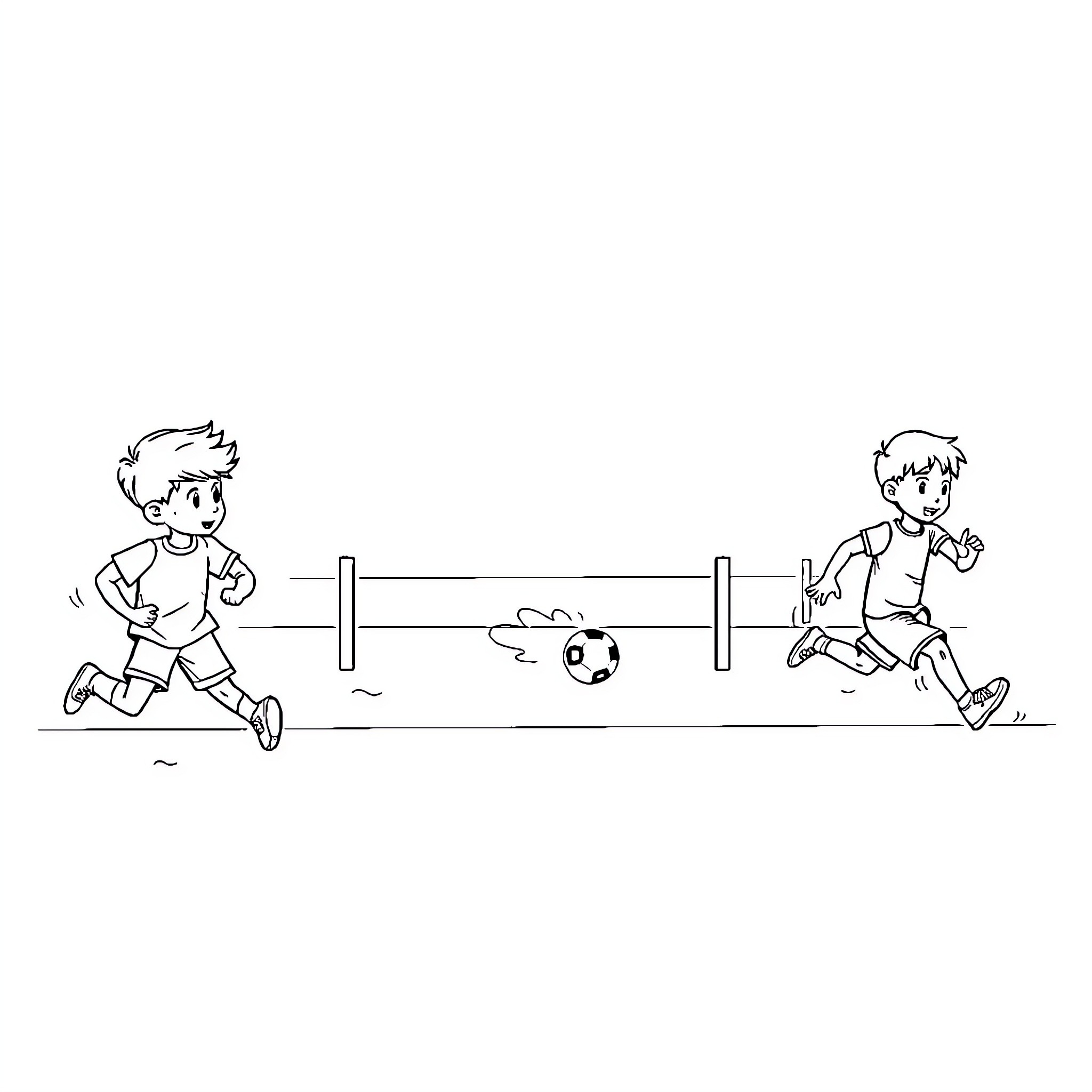 Niños jugando con pelota en la cancha Coloring Page (free black-and-white line drawing printable PDF for all, from beginners to advanced learners, including children, teens, adults, and seniors)