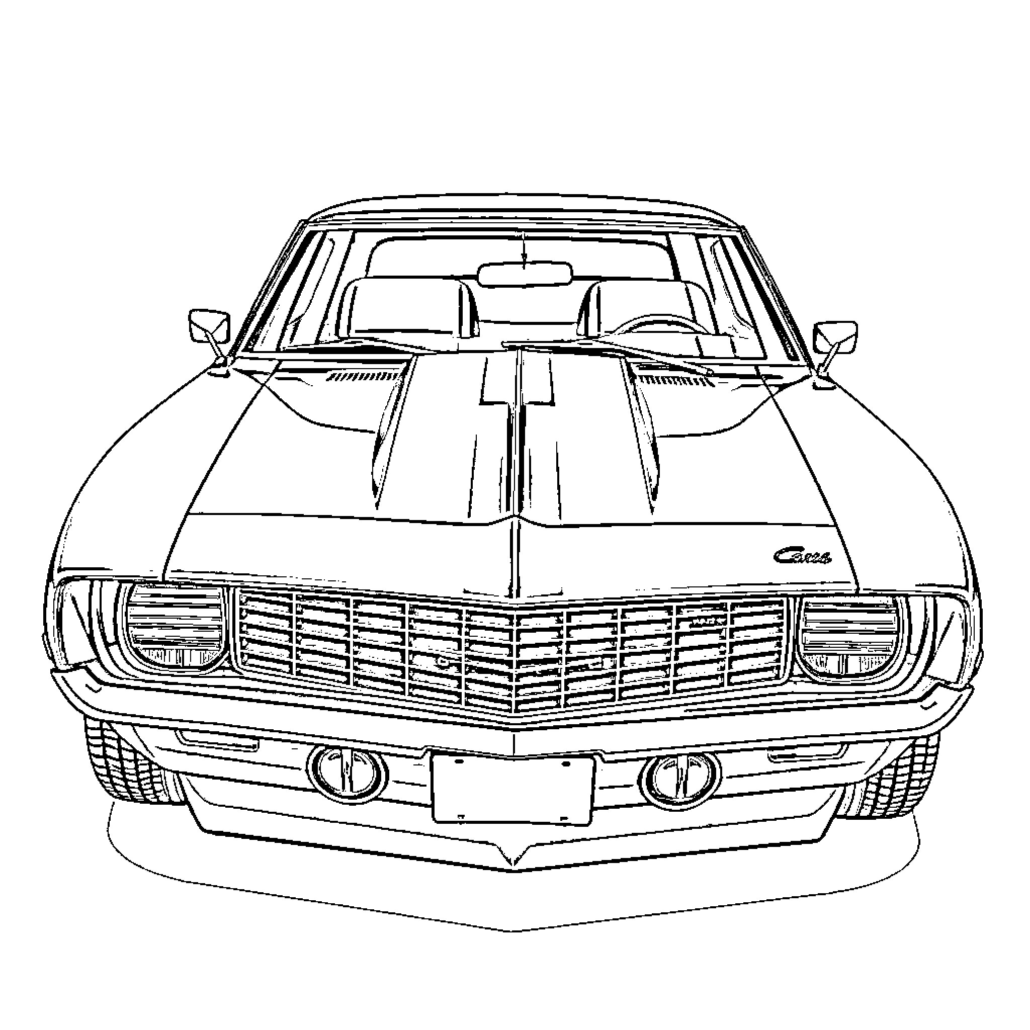 Camaro muscle car in black and white line art Coloring Page (free black-and-white line drawing printable PDF for all, from beginners to advanced learners, including children, teens, adults, and seniors)