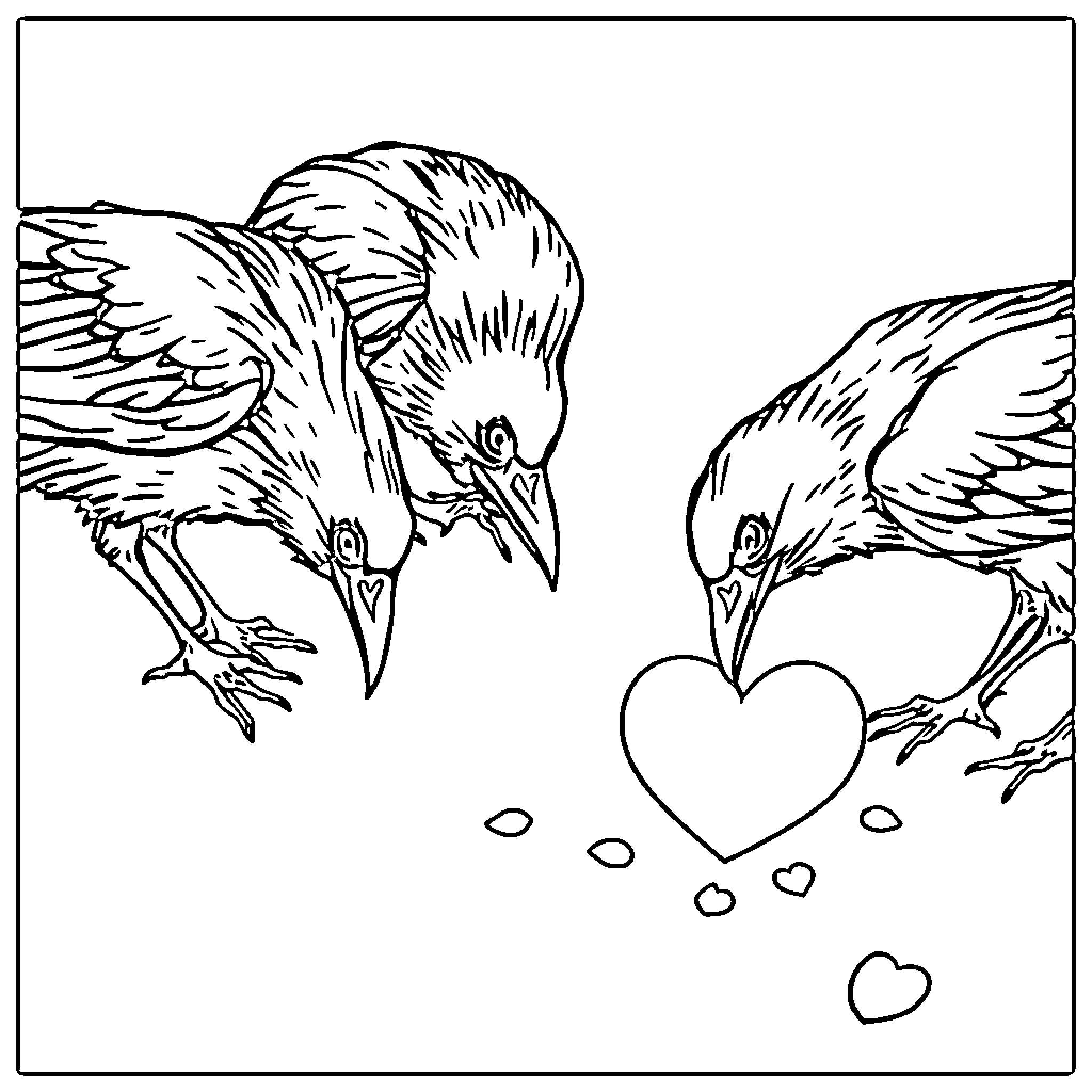Raven pair interacting with hearts Coloring Page (free black-and-white line drawing printable PDF for all, from beginners to advanced learners, including children, teens, adults, and seniors)