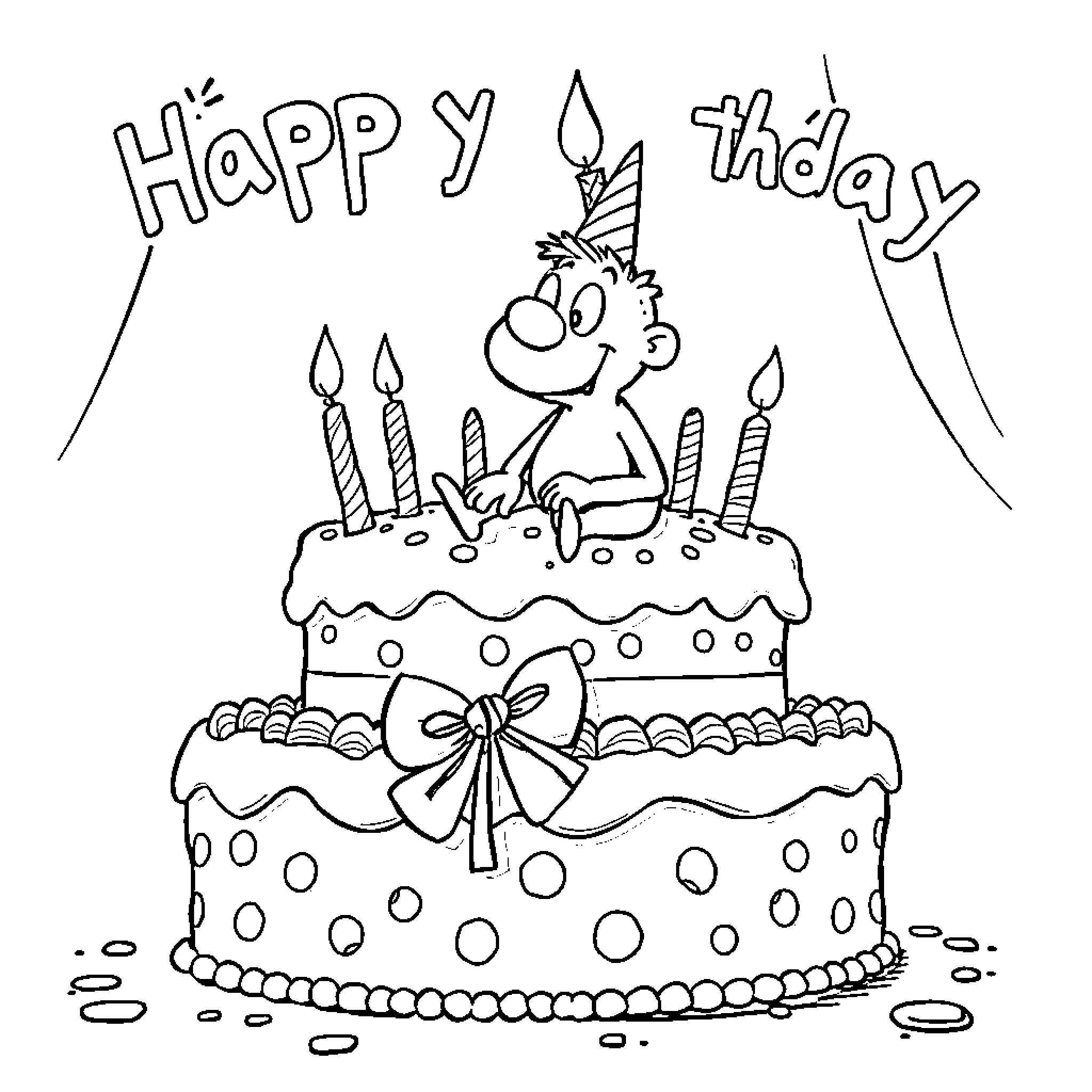 Cake with Happy Birthday Celebration Coloring Page (free black-and-white line drawing printable PDF for all, from beginners to advanced learners, including children, teens, adults, and seniors)