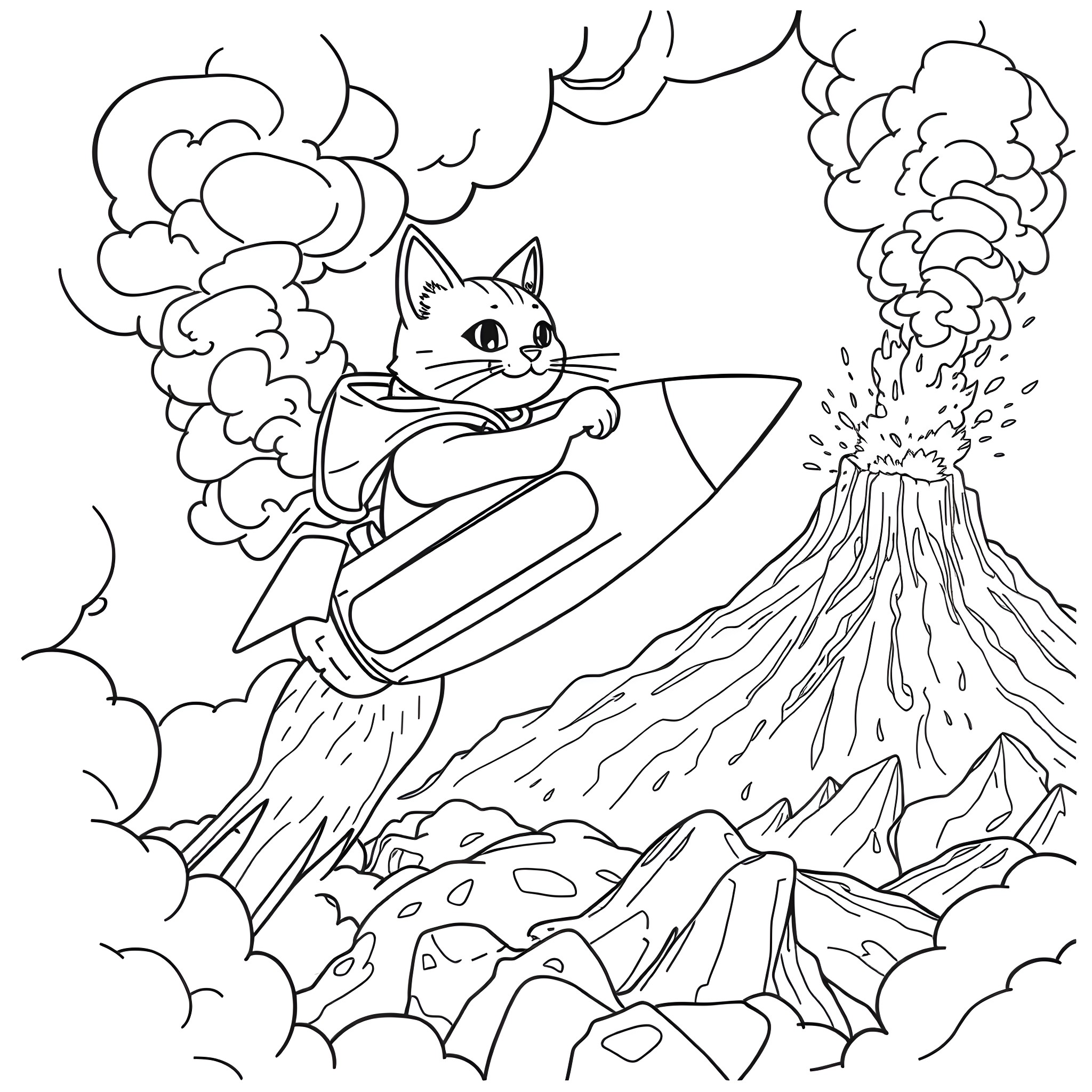 Cat riding a rocket through volcanic landscape Coloring Page (free black-and-white line drawing printable PDF for all, from beginners to advanced learners, including children, teens, adults, and seniors)
