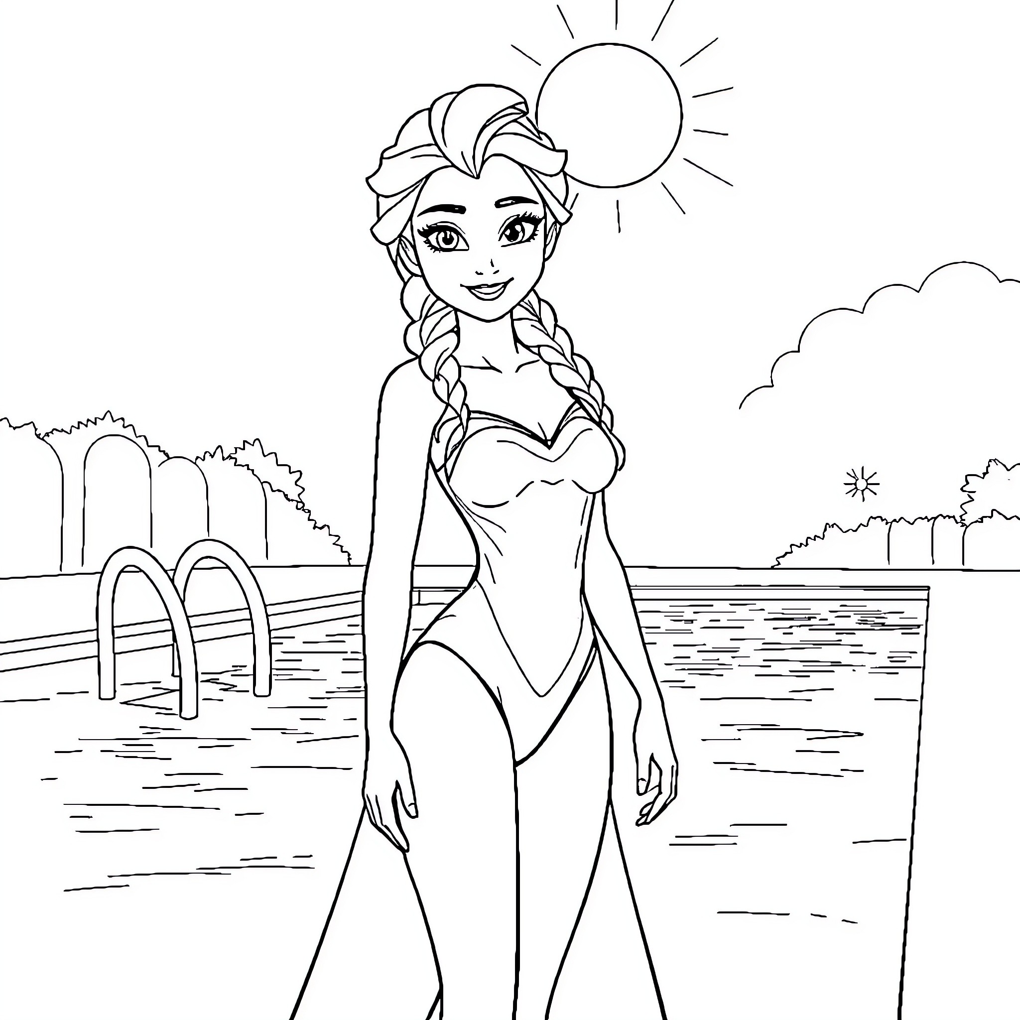 Elsa enjoying the sunny day at the pool Coloring Page (free black-and-white line drawing printable PDF for all, from beginners to advanced learners, including children, teens, adults, and seniors)