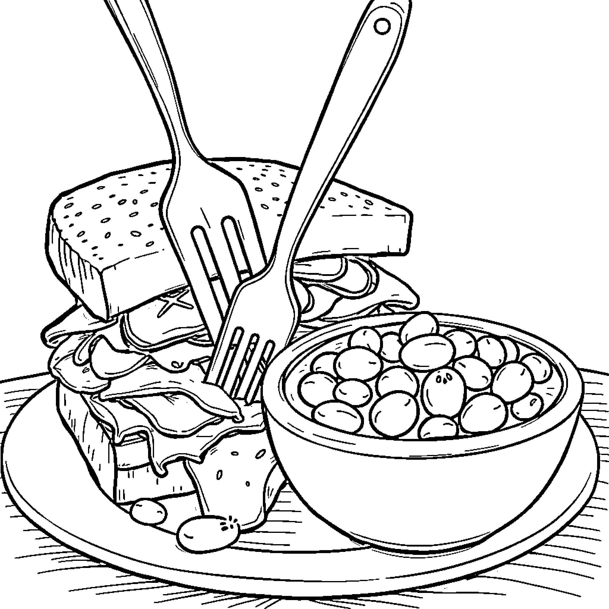 Fork Serving up Delightful Meal on Plate Coloring Page (free black-and-white line drawing printable PDF for all, from beginners to advanced learners, including children, teens, adults, and seniors)