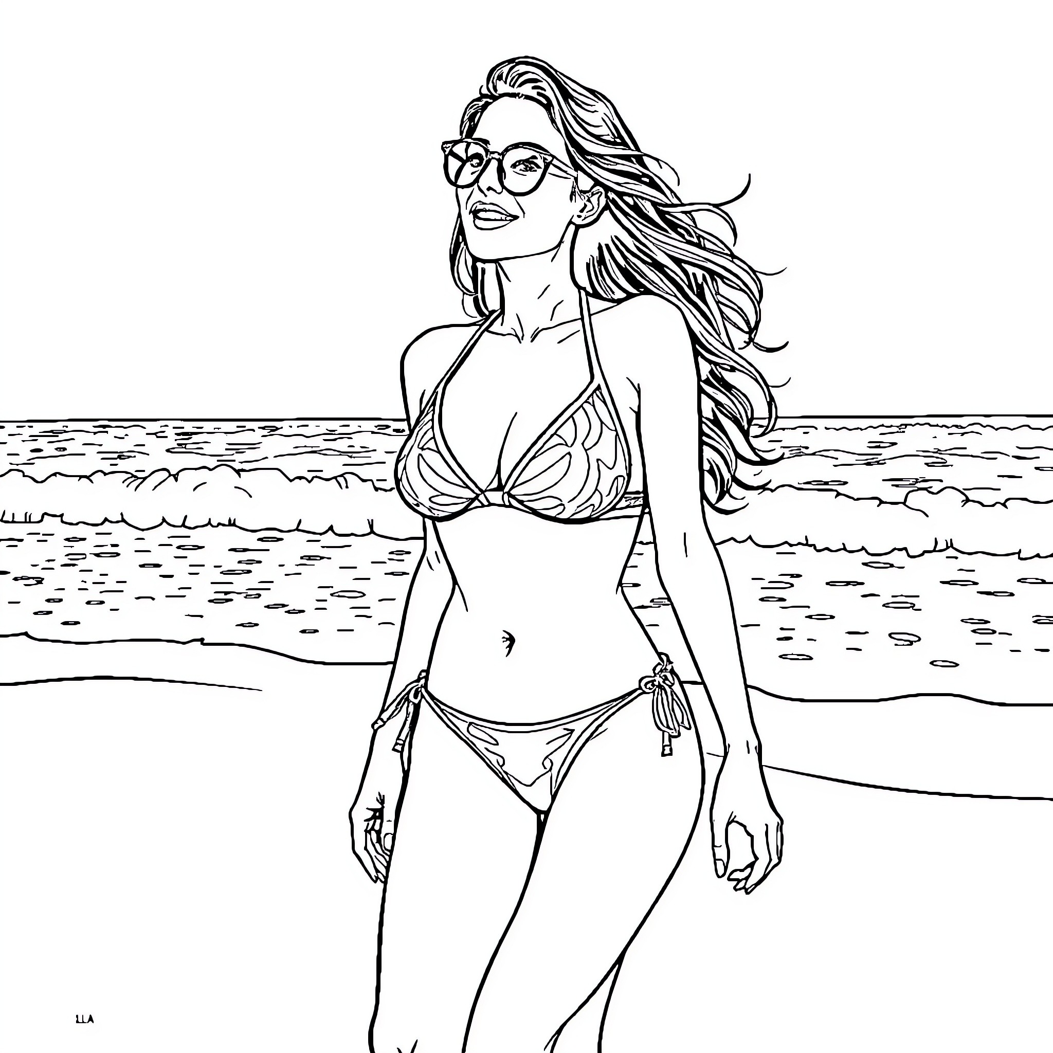 Livvy Dunne enjoying a day at the beach Coloring Page (free black-and-white line drawing printable PDF for all, from beginners to advanced learners, including children, teens, adults, and seniors)