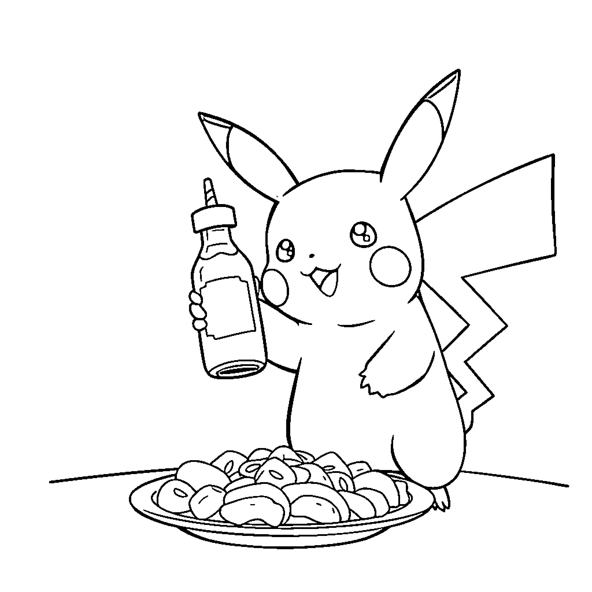 Pikachu cooking up a delightful meal Coloring Page (free black-and-white line drawing printable PDF for all, from beginners to advanced learners, including children, teens, adults, and seniors)