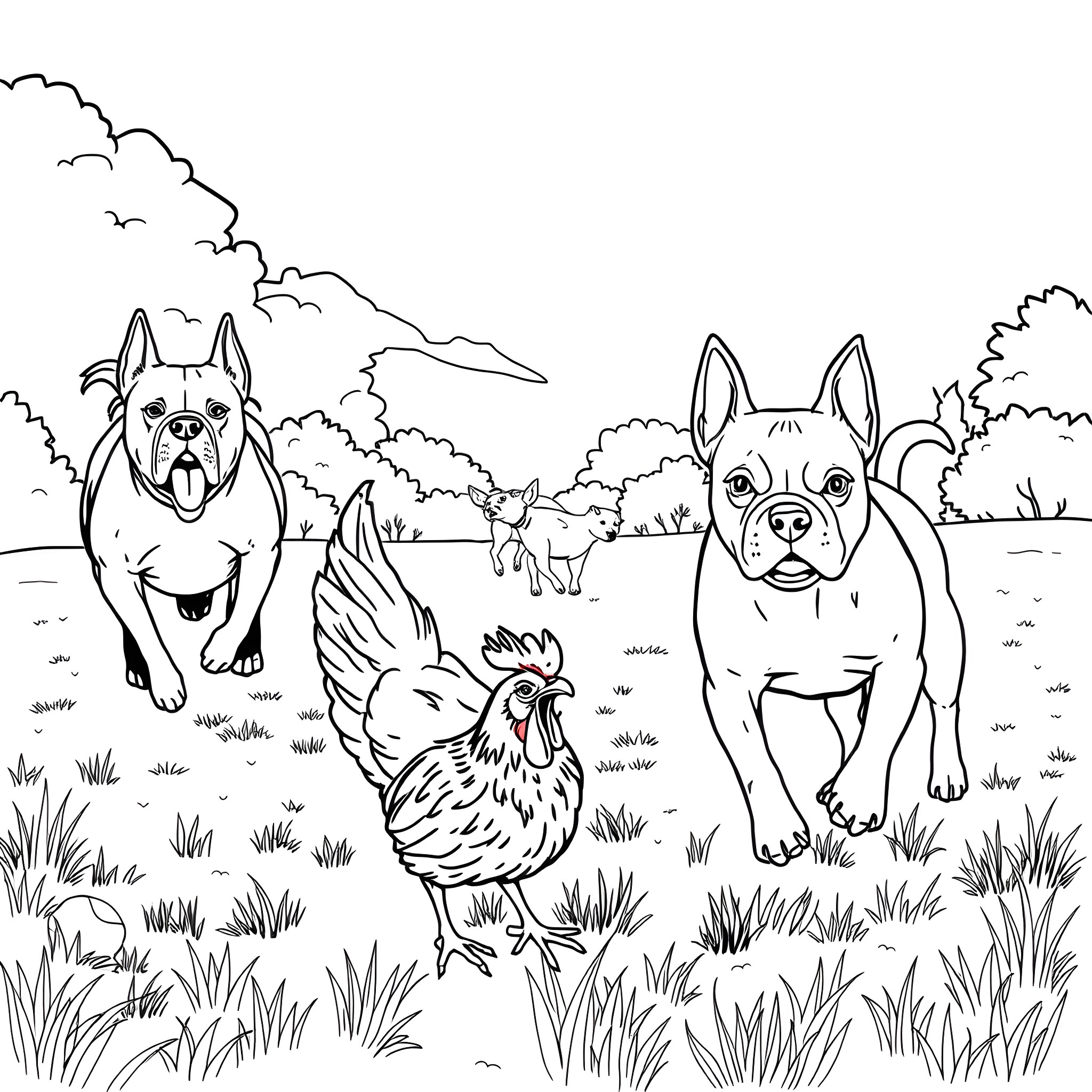Chicken and dogs playing in the field Coloring Page (free black-and-white line drawing printable PDF for all, from beginners to advanced learners, including children, teens, adults, and seniors)