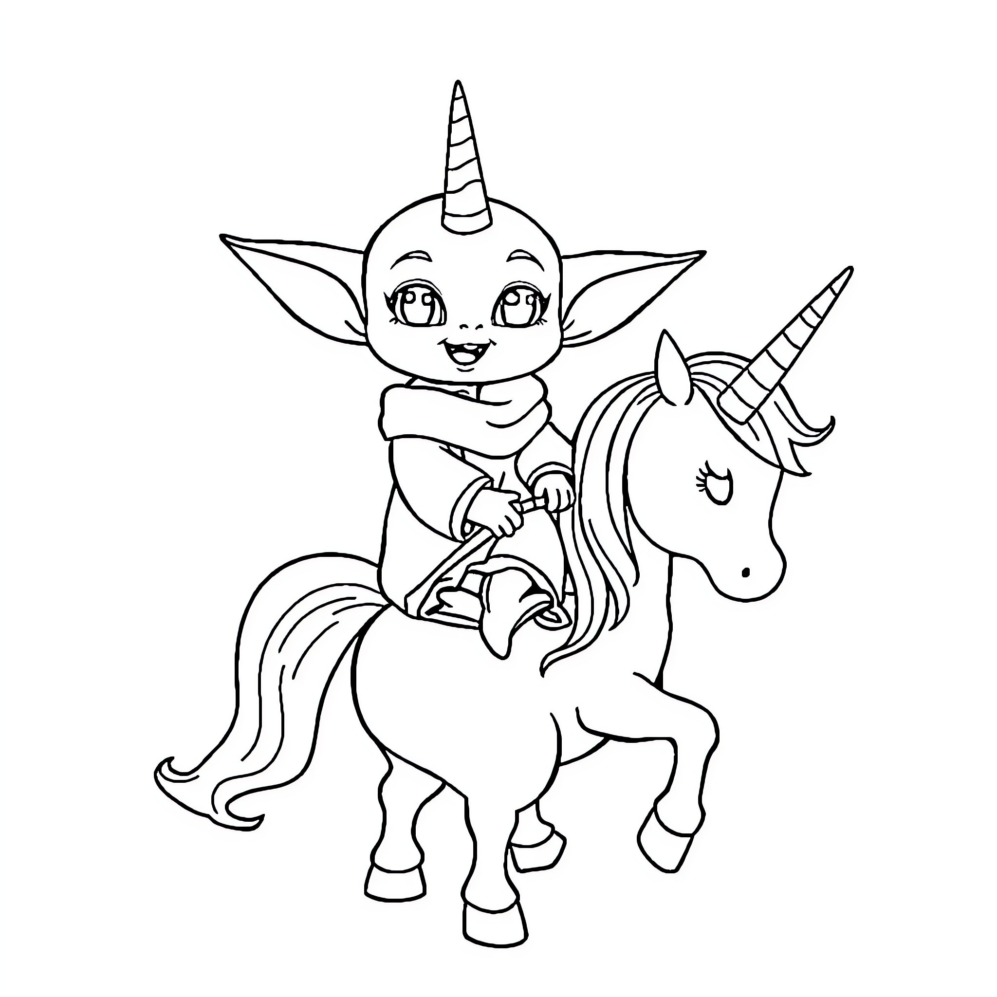 Baby Yoda riding a magical unicorn Coloring Page (free black-and-white line drawing printable PDF for all, from beginners to advanced learners, including children, teens, adults, and seniors)