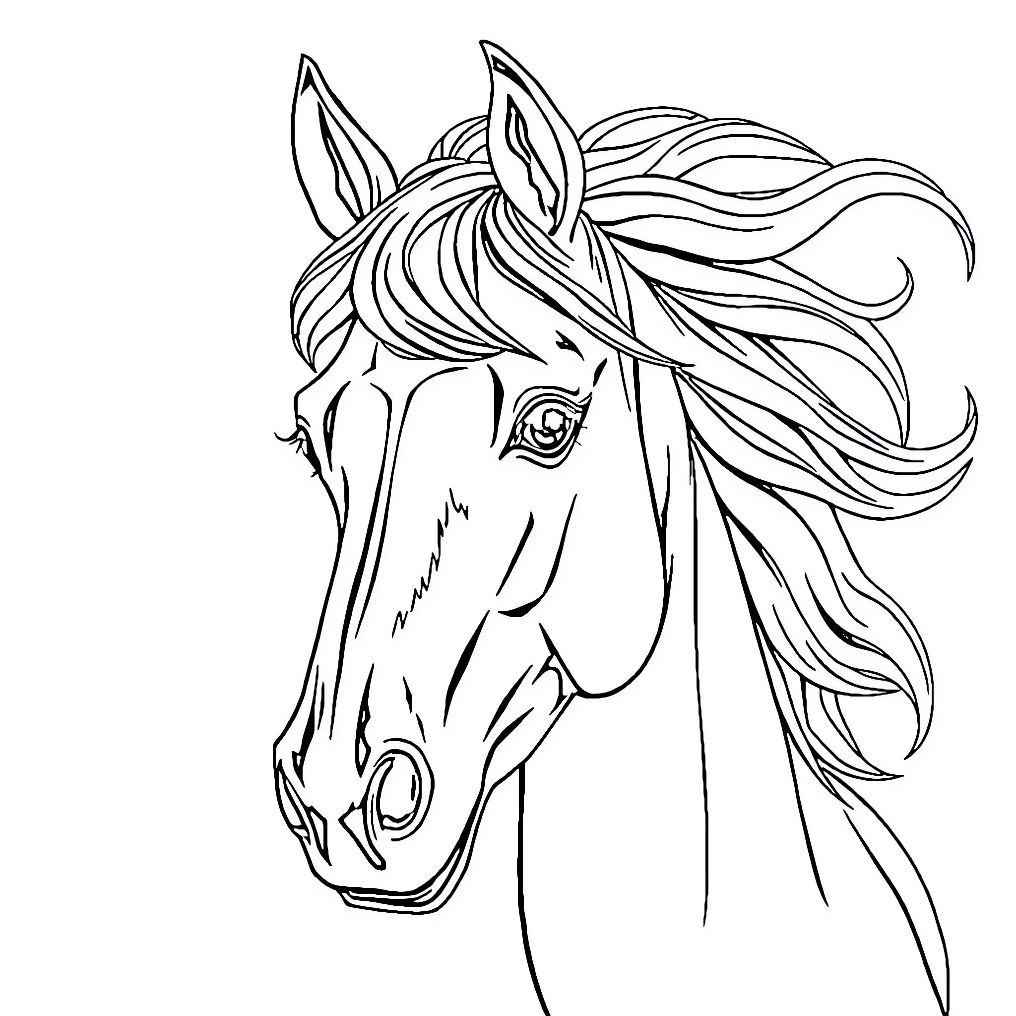 Caballo with flowing mane and expressive features Coloring Page (free black-and-white line drawing printable PDF for all, from beginners to advanced learners, including children, teens, adults, and seniors)