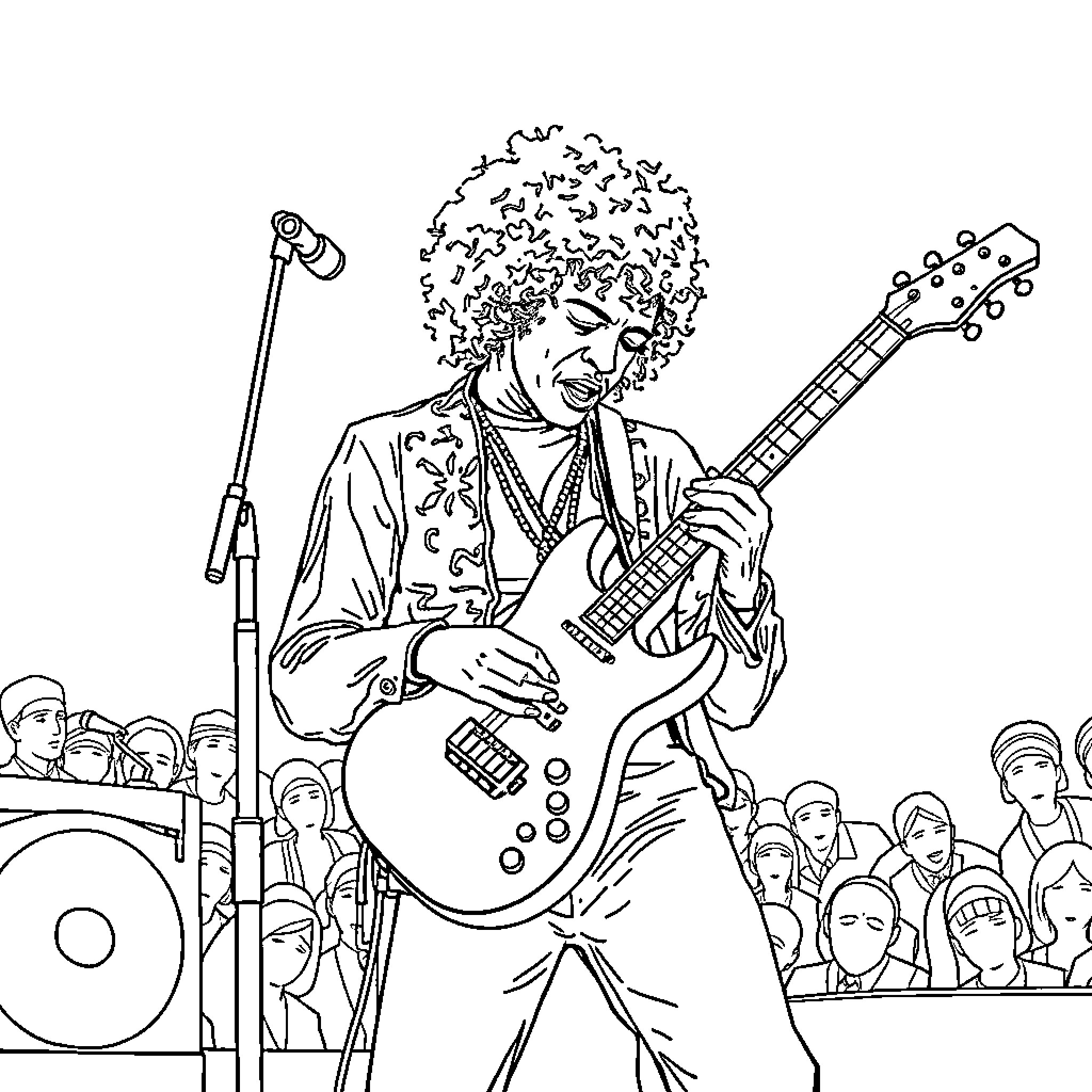 Jimi Hendrix performing on stage with guitar Coloring Page (free black-and-white line drawing printable PDF for all, from beginners to advanced learners, including children, teens, adults, and seniors)