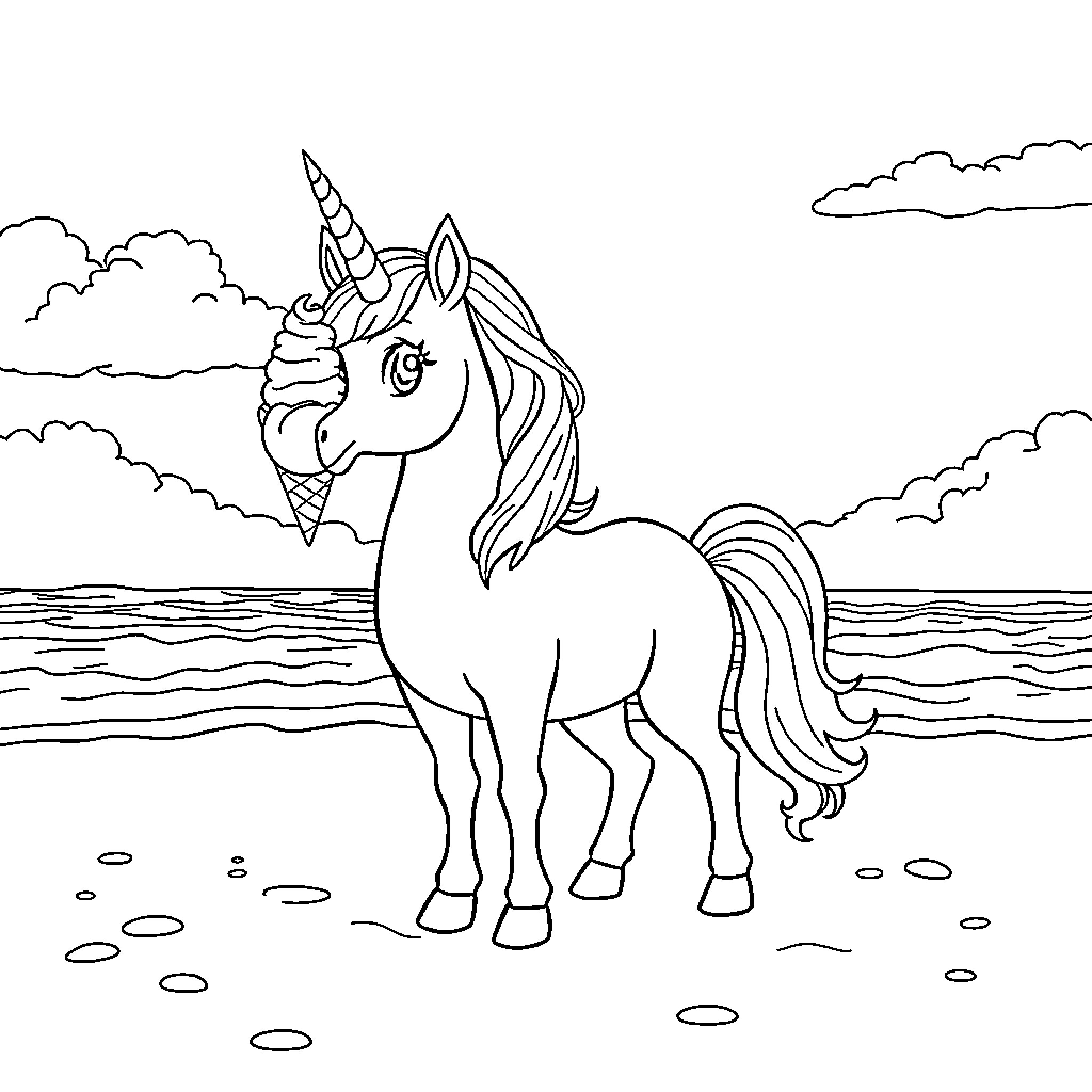 Unicorn standing on the beach overlooking the ocean Coloring Page (free black-and-white line drawing printable PDF for all, from beginners to advanced learners, including children, teens, adults, and seniors)