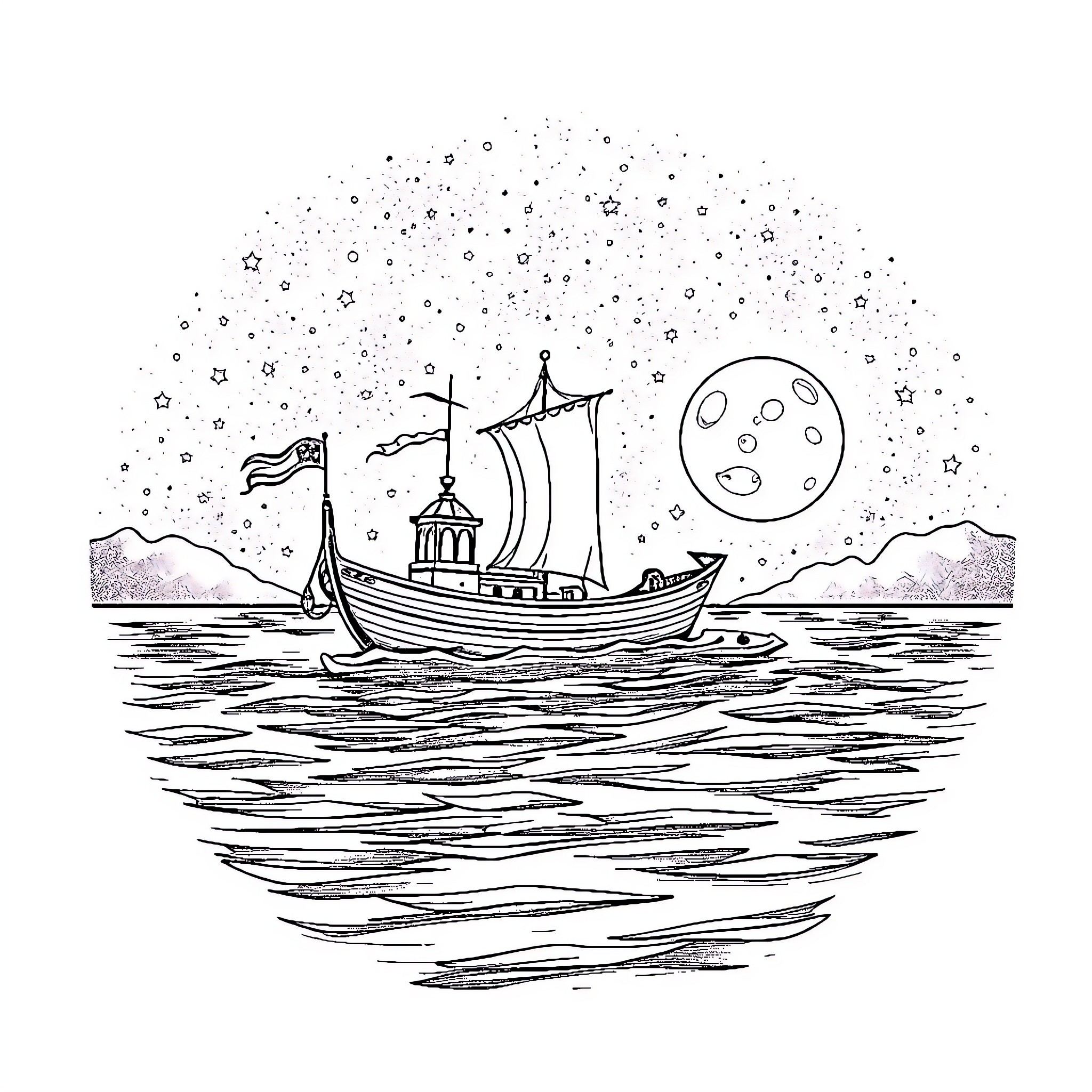 Vessel sailing on a starry night Coloring Page (free black-and-white line drawing printable PDF for all, from beginners to advanced learners, including children, teens, adults, and seniors)